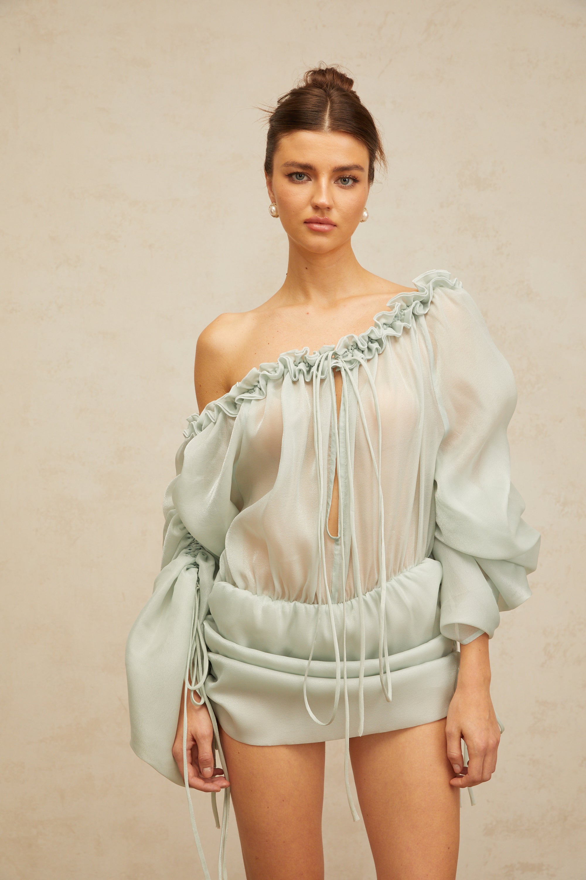 Béryl light-green ruffled-trim ruched mini dress