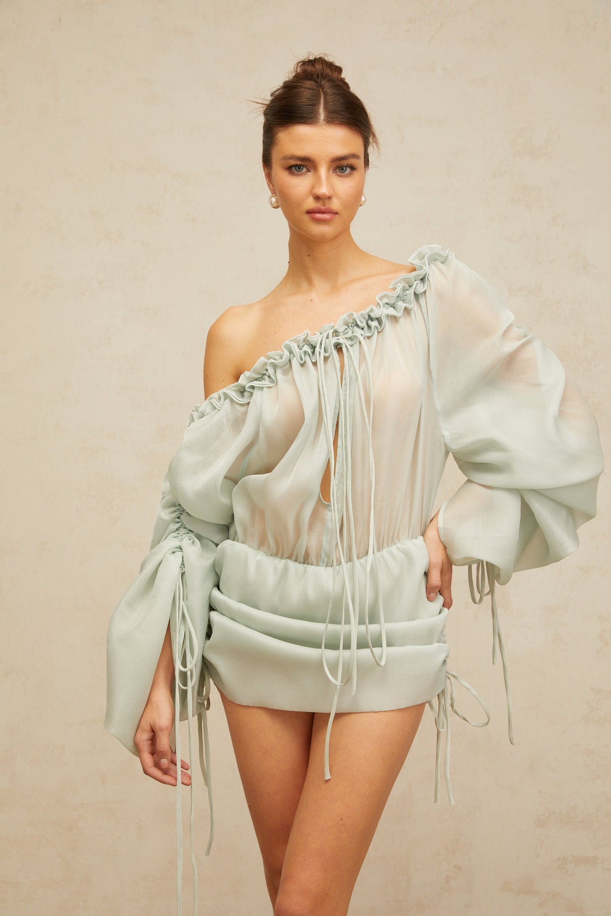 Béryl light-green ruffled-trim ruched mini dress