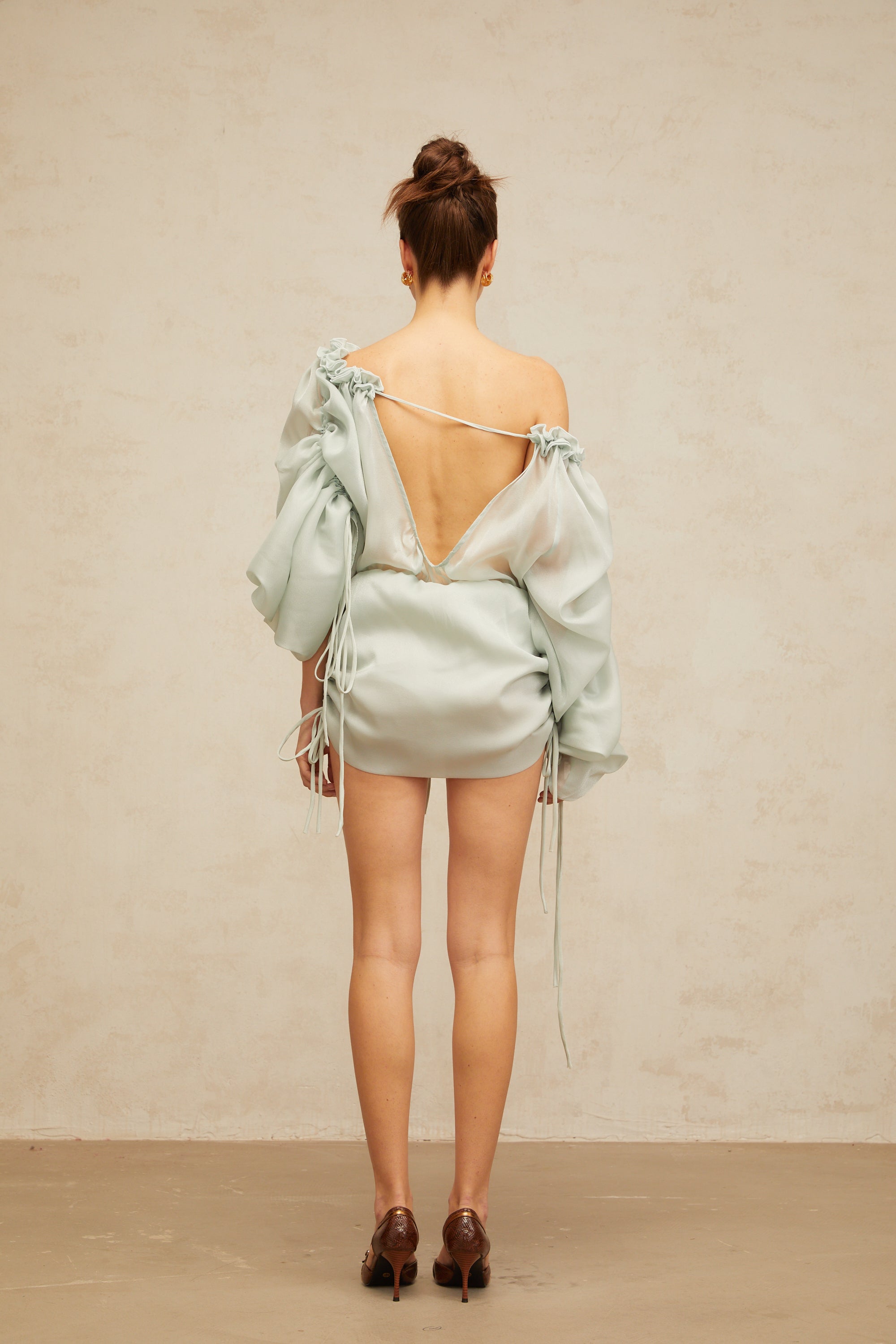 Béryl light-green ruffled-trim ruched mini dress