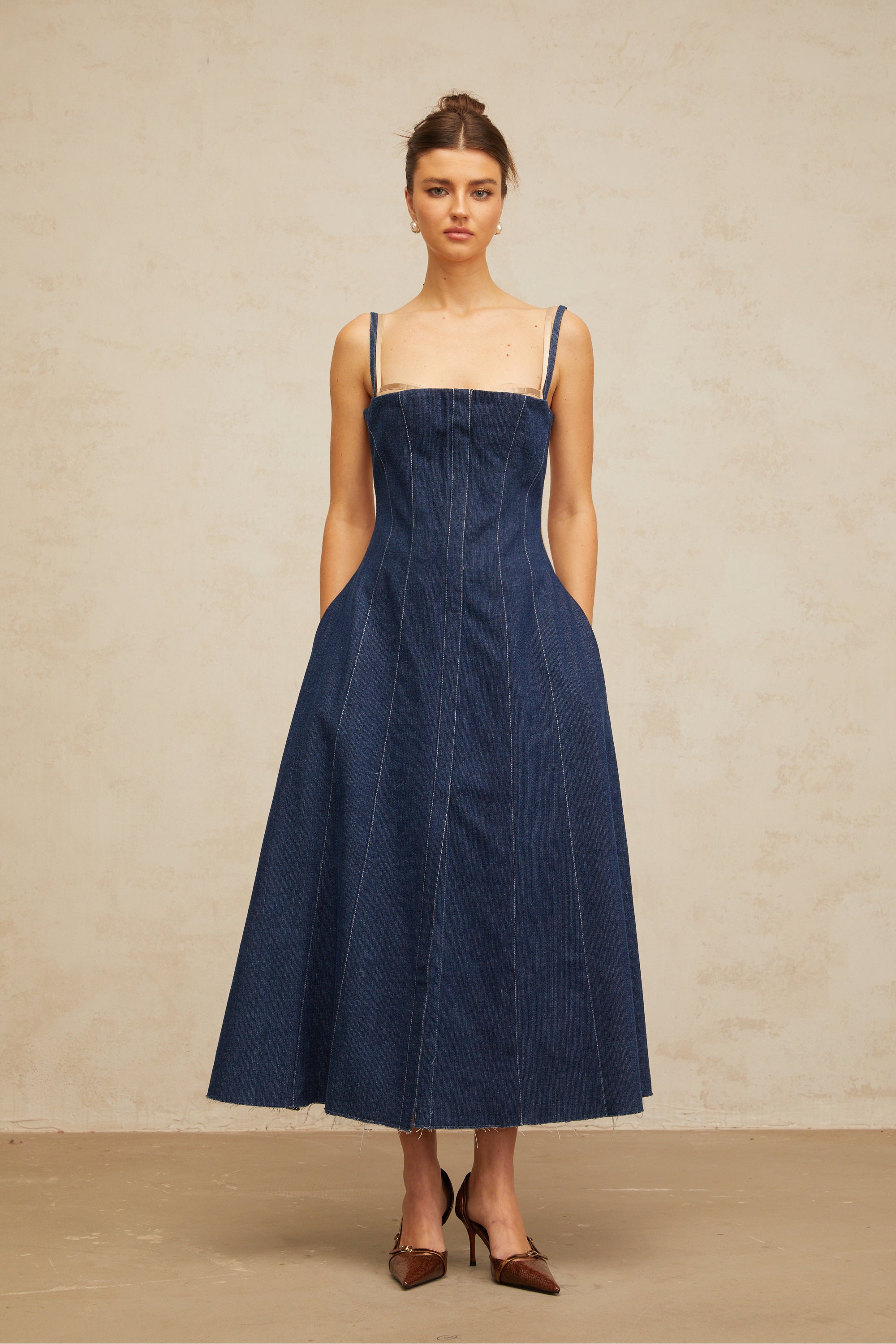 Uralie indigo-blue panelled denim midi dress