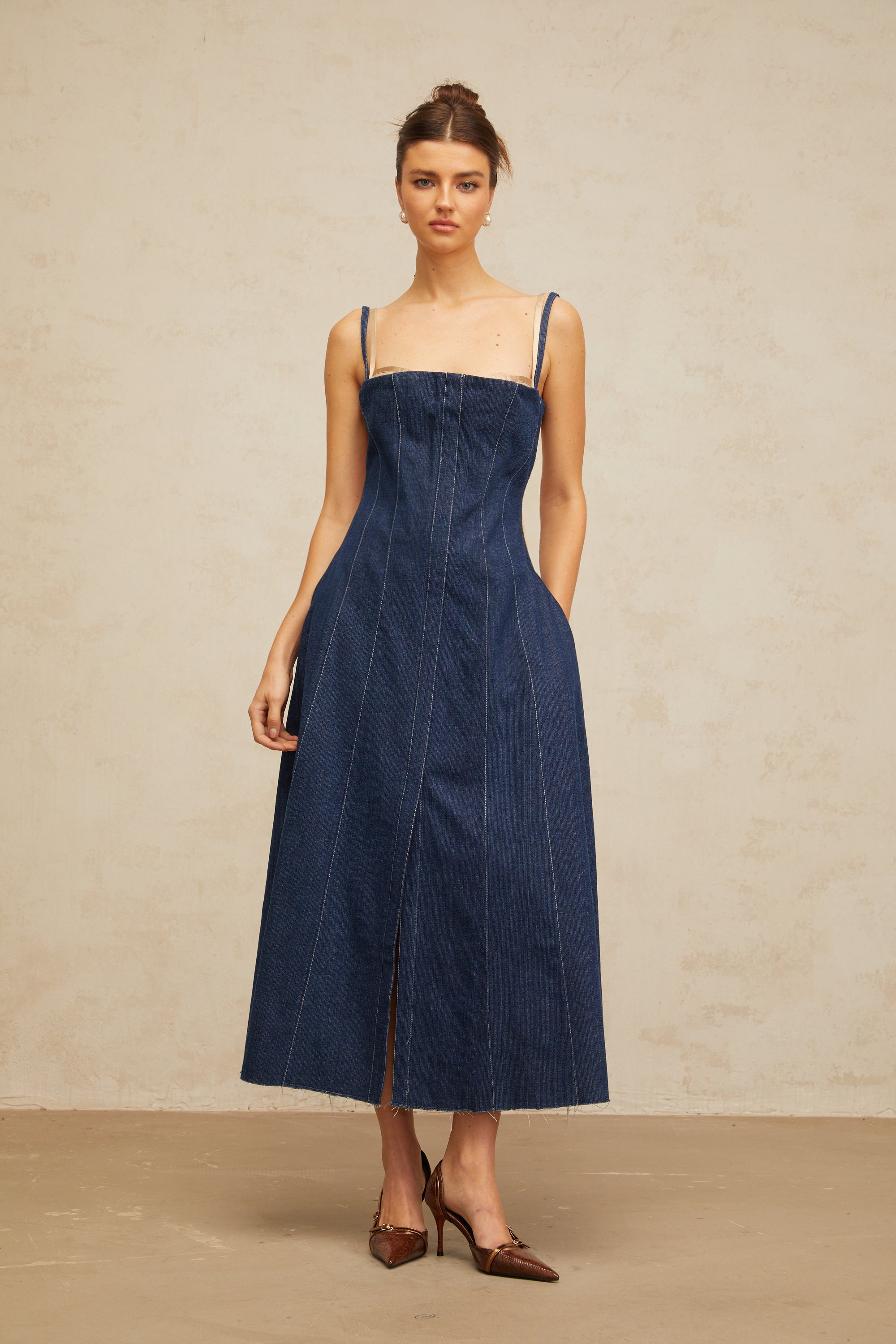 Uralie indigo-blue panelled denim midi dress