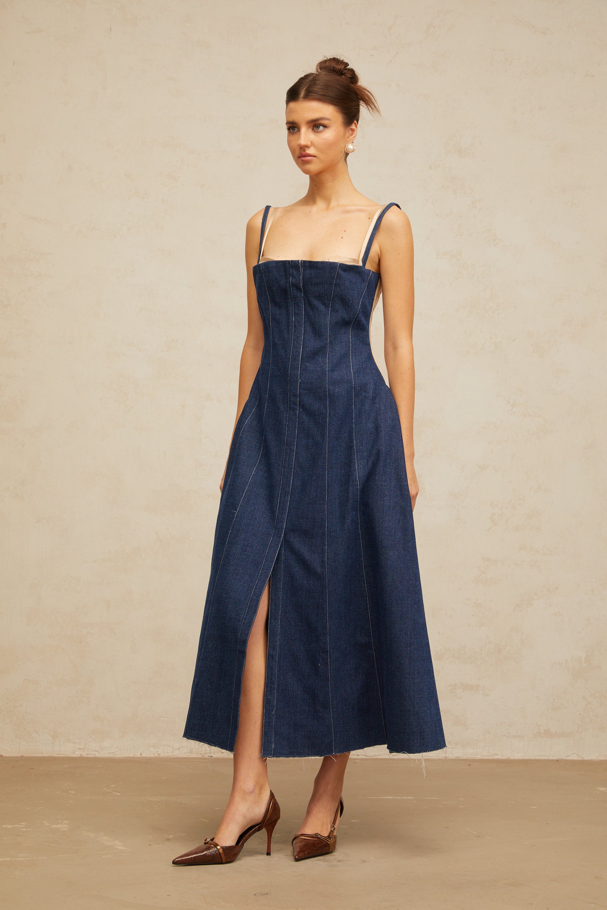 Uralie indigo-blue panelled denim midi dress