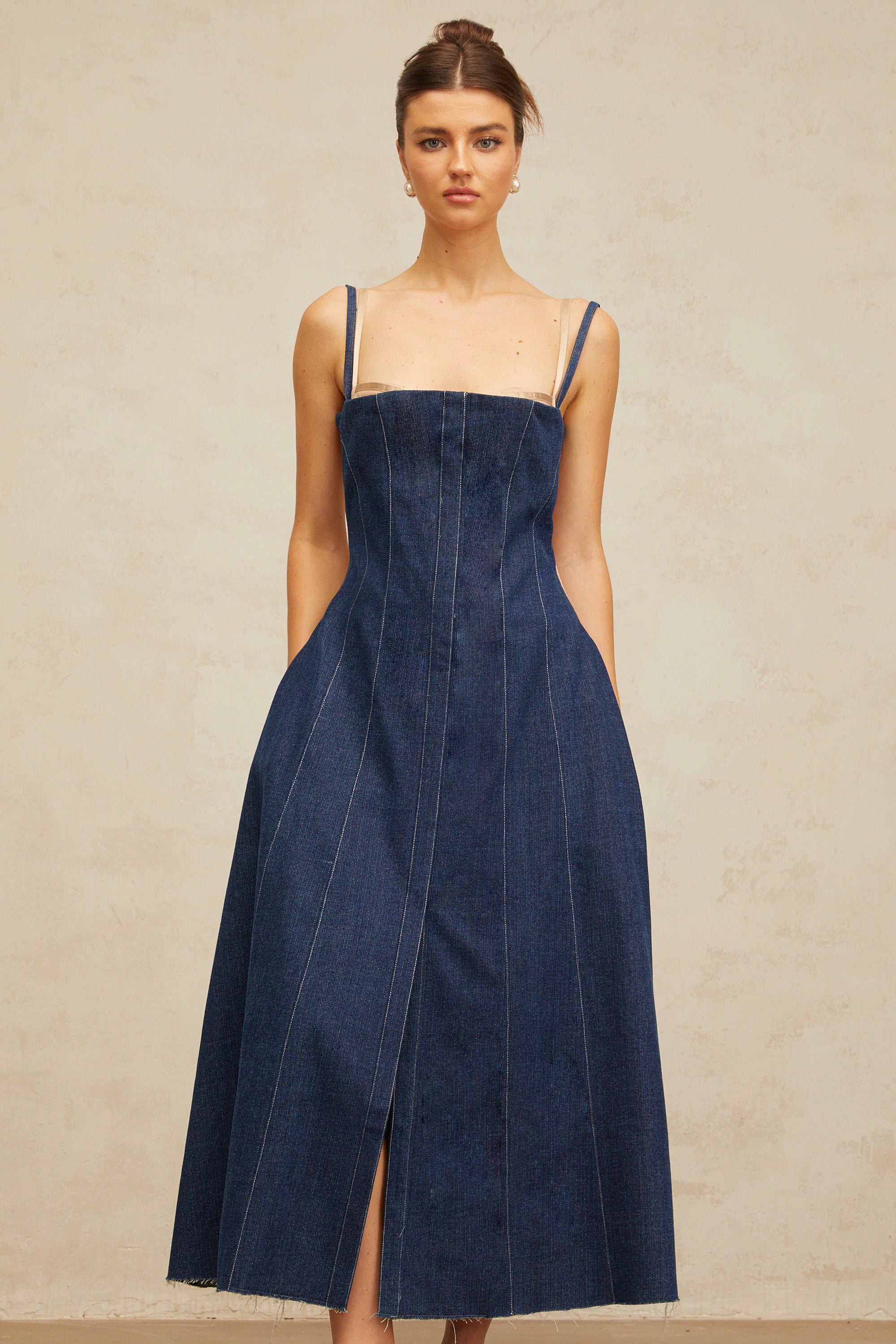 Uralie indigo-blue panelled denim midi dress