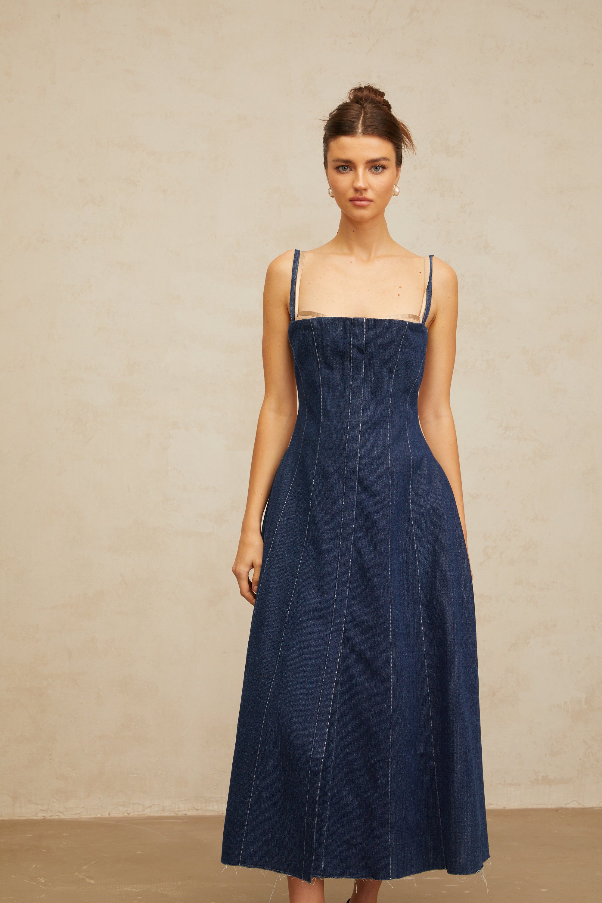 Uralie indigo-blue panelled denim midi dress