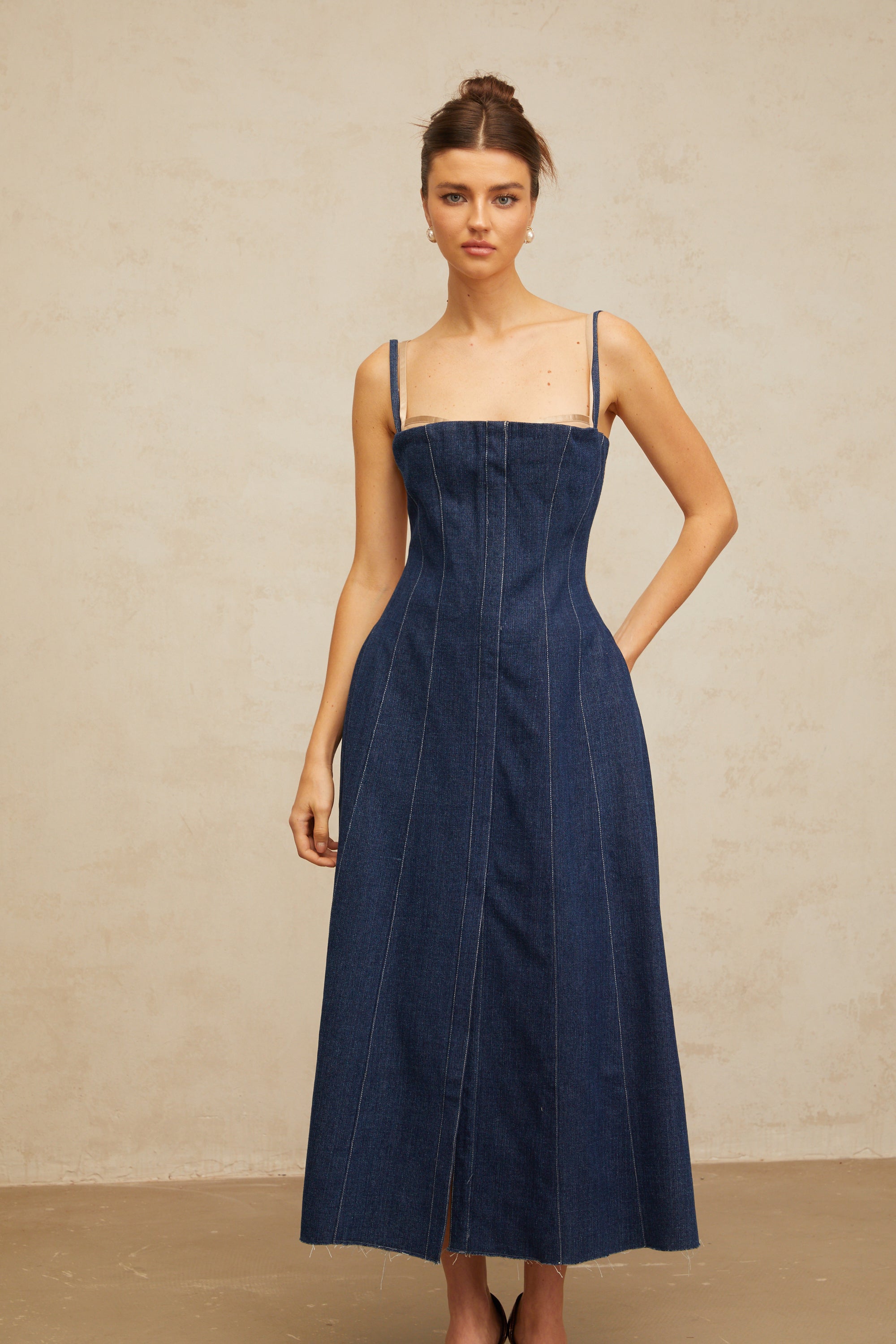 Uralie indigo-blue panelled denim midi dress