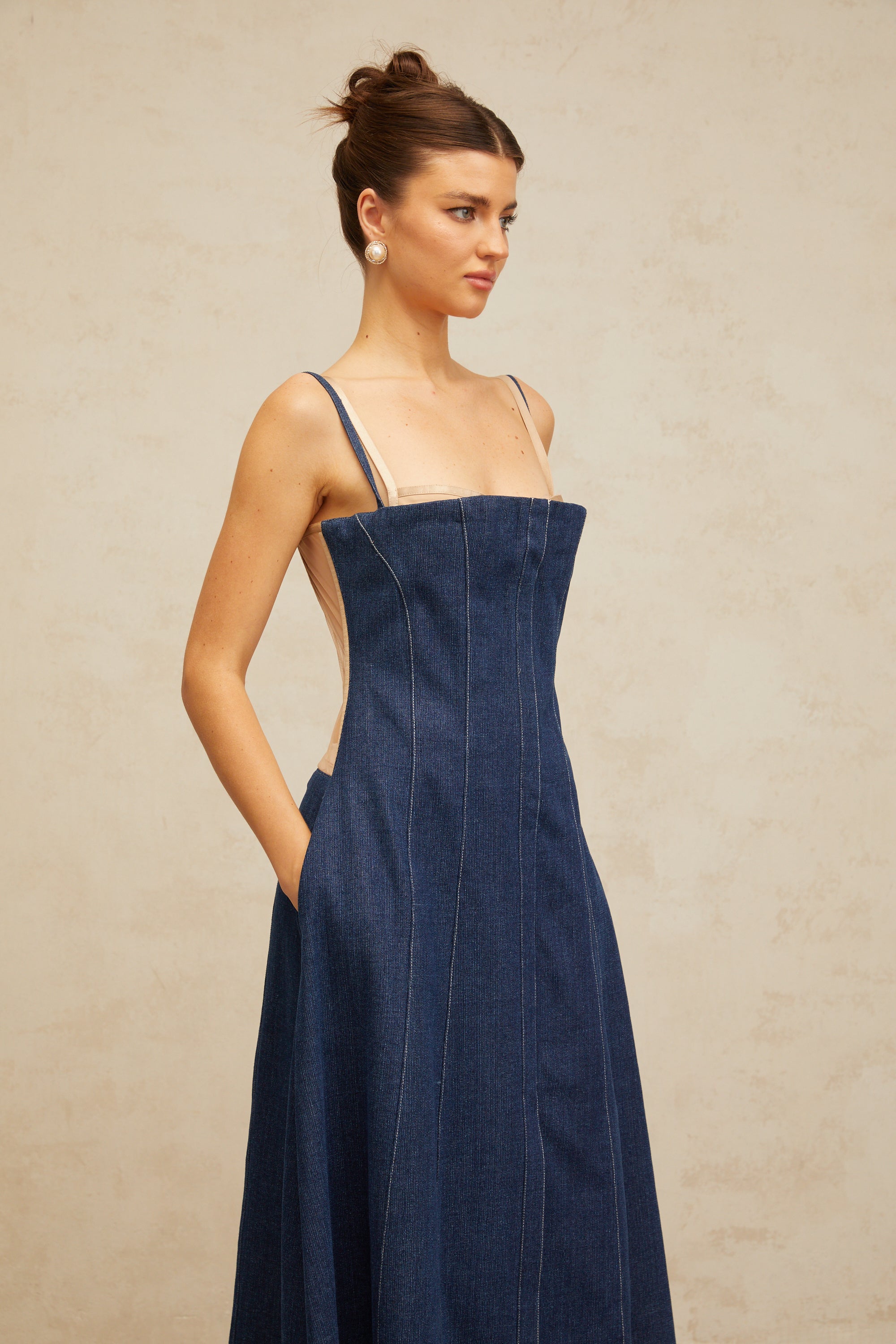 Uralie indigo-blue panelled denim midi dress
