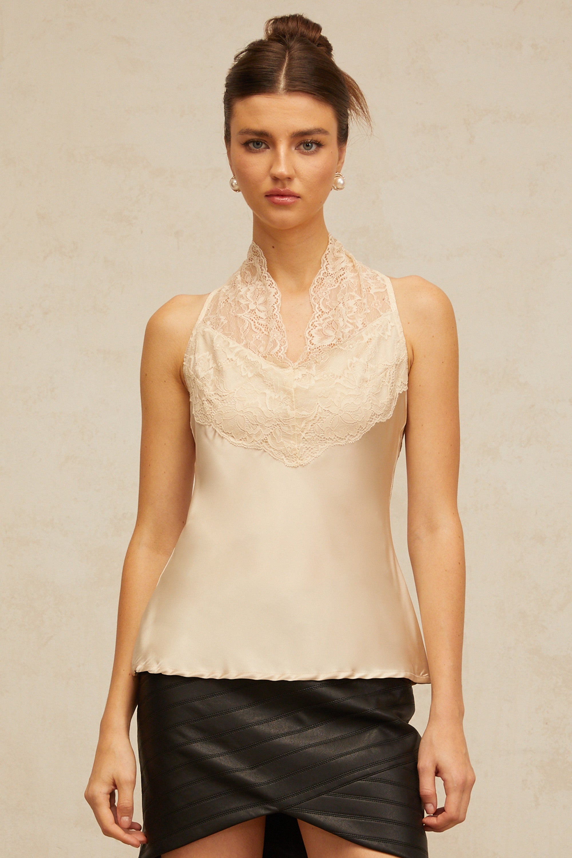 Aveline neutrals floral-lace panelled satin top