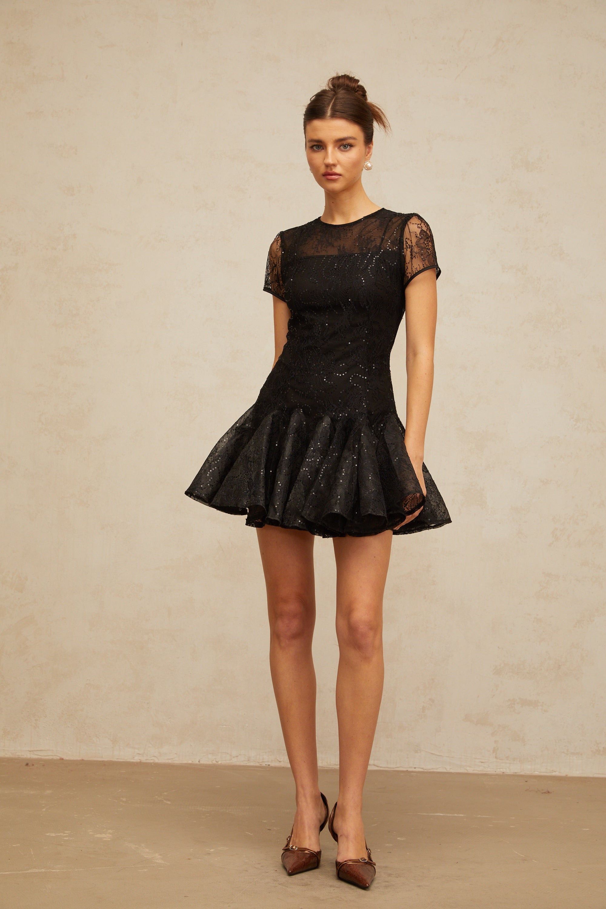 Lara black sequin-embellished flared mini dress