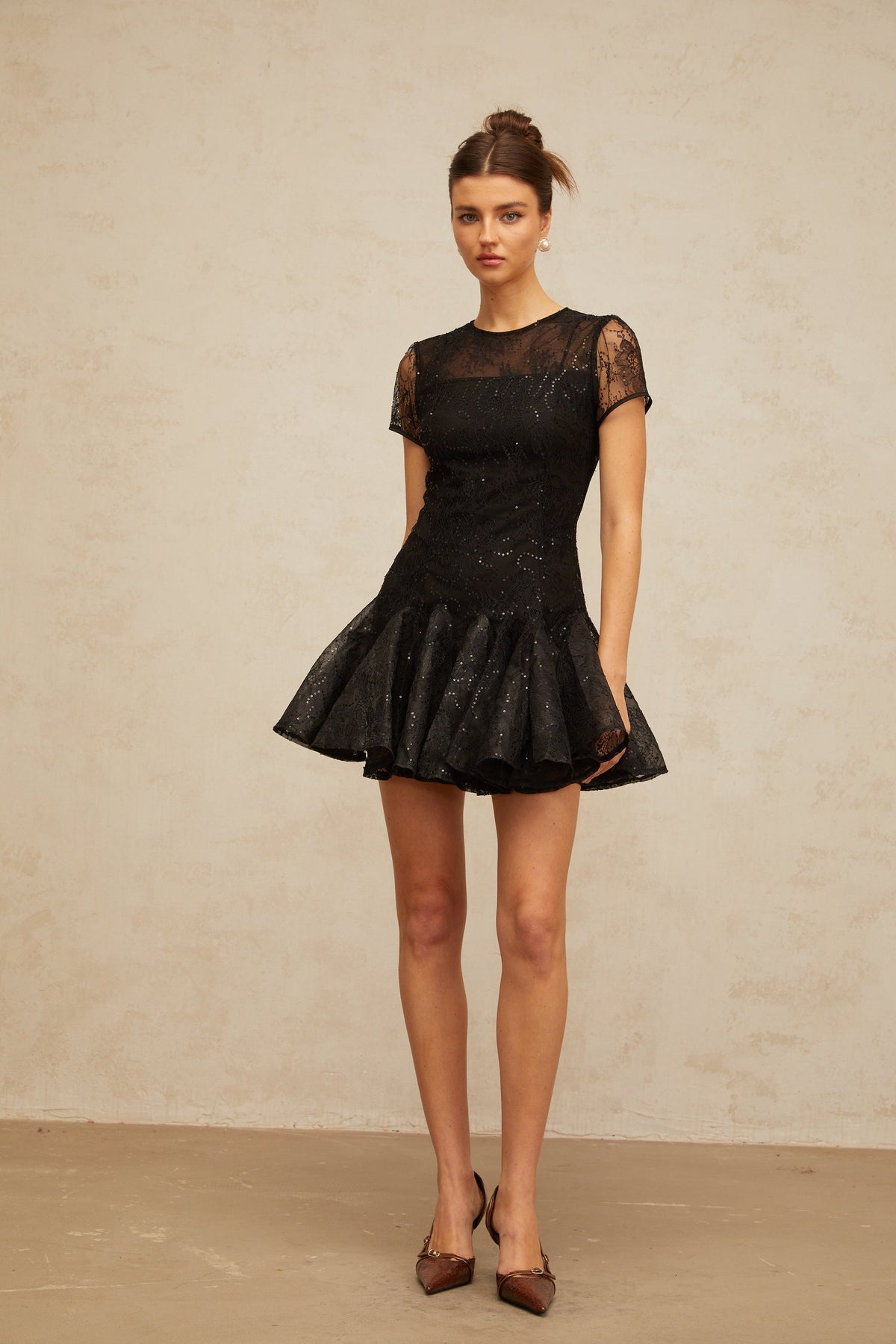 Lara black sequin-embellished flared mini dress