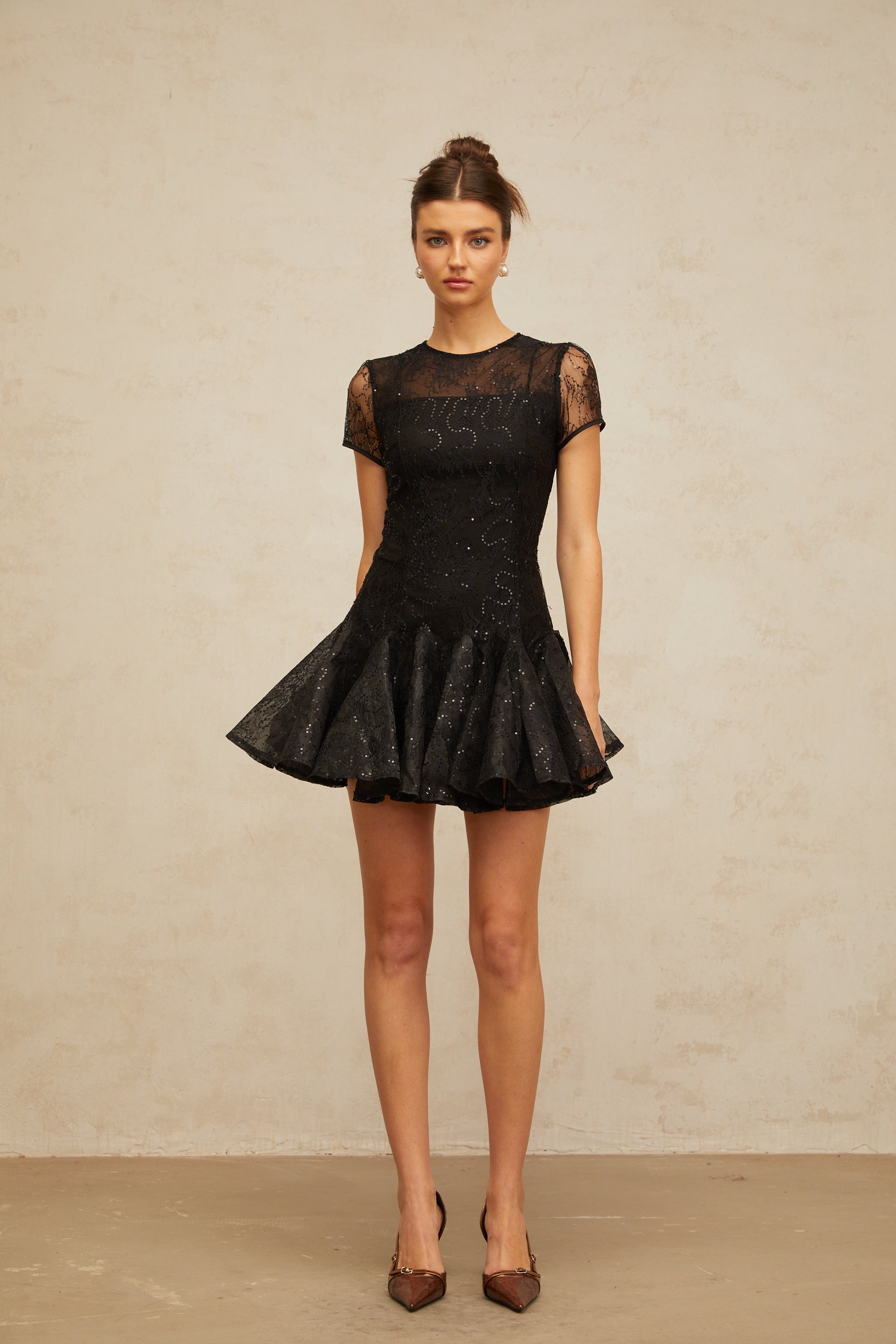 Lara black sequin-embellished flared mini dress