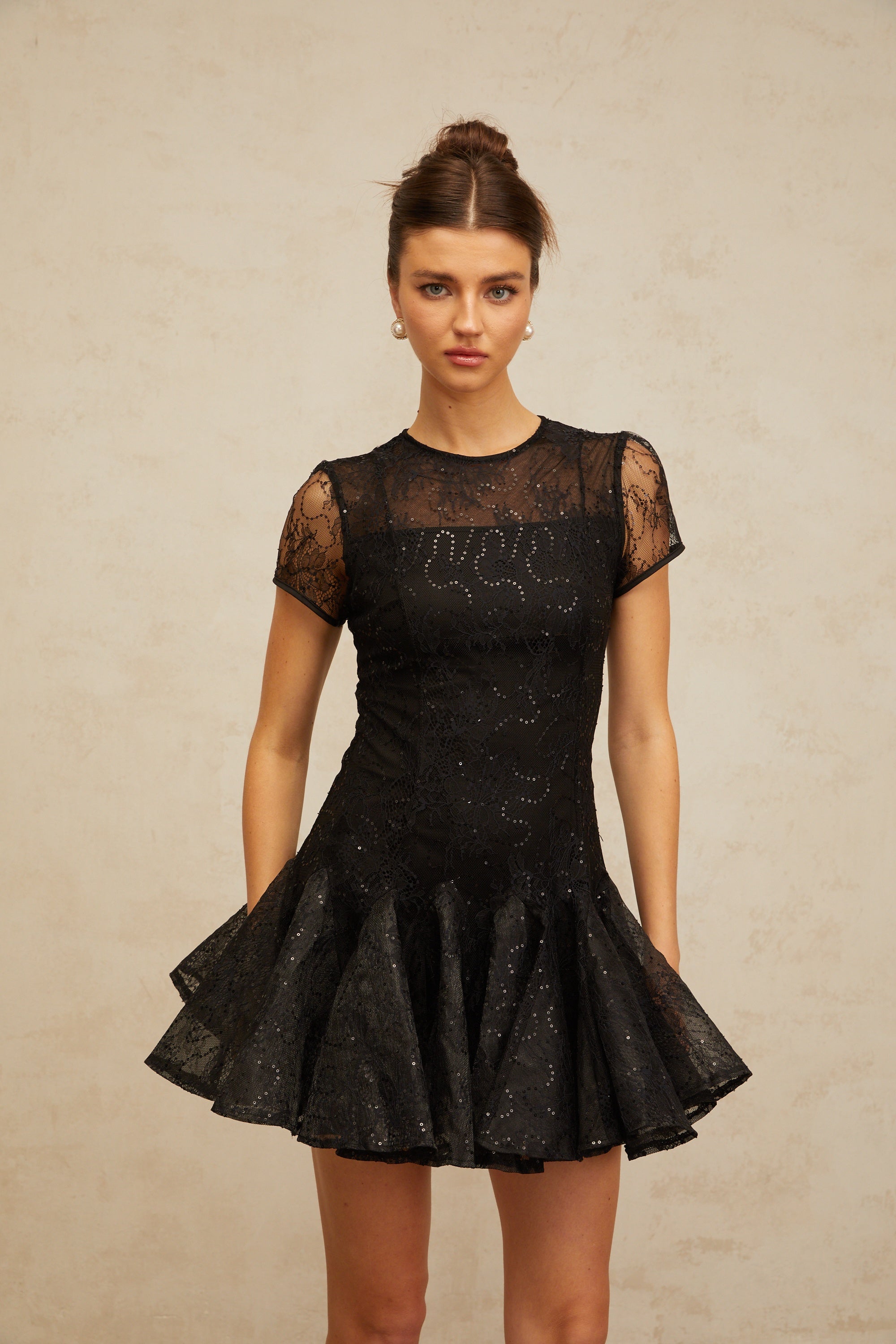 Lara black sequin-embellished flared mini dress
