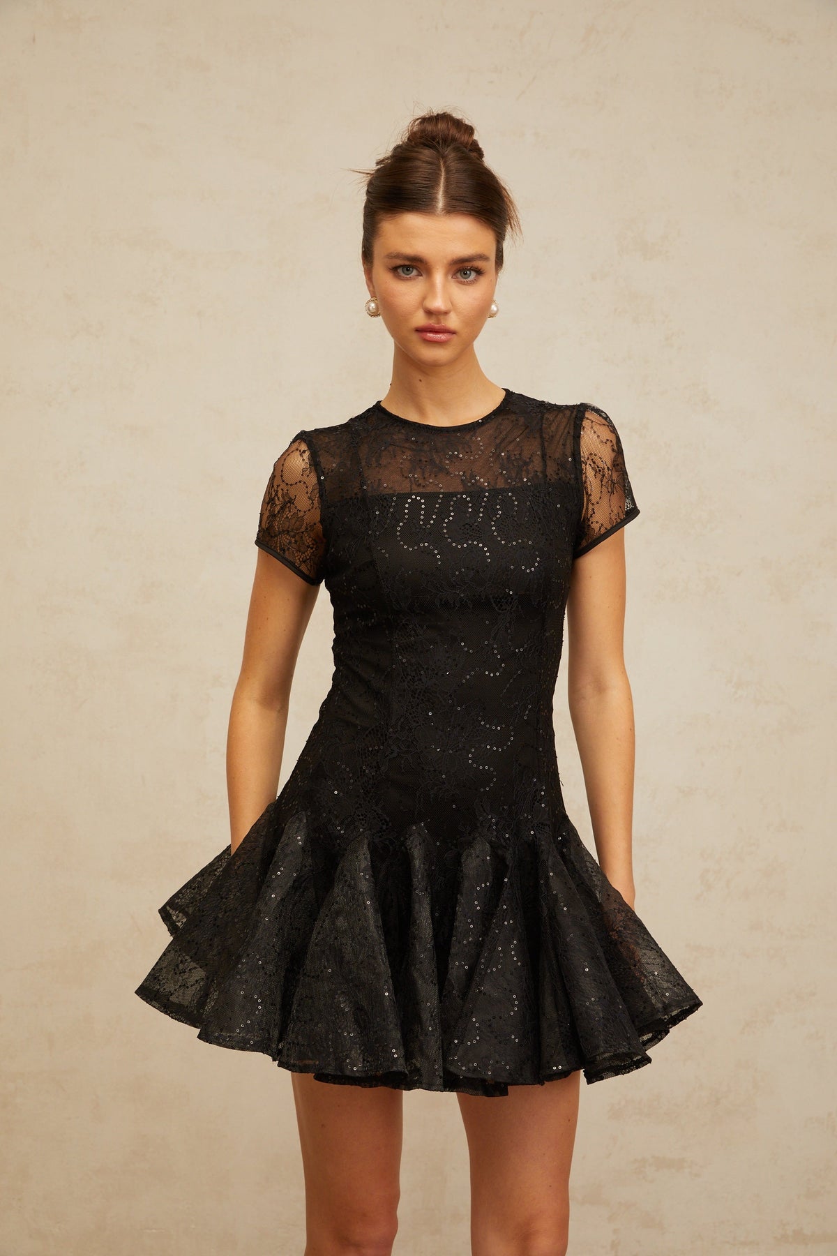 Lara black sequin-embellished flared mini dress
