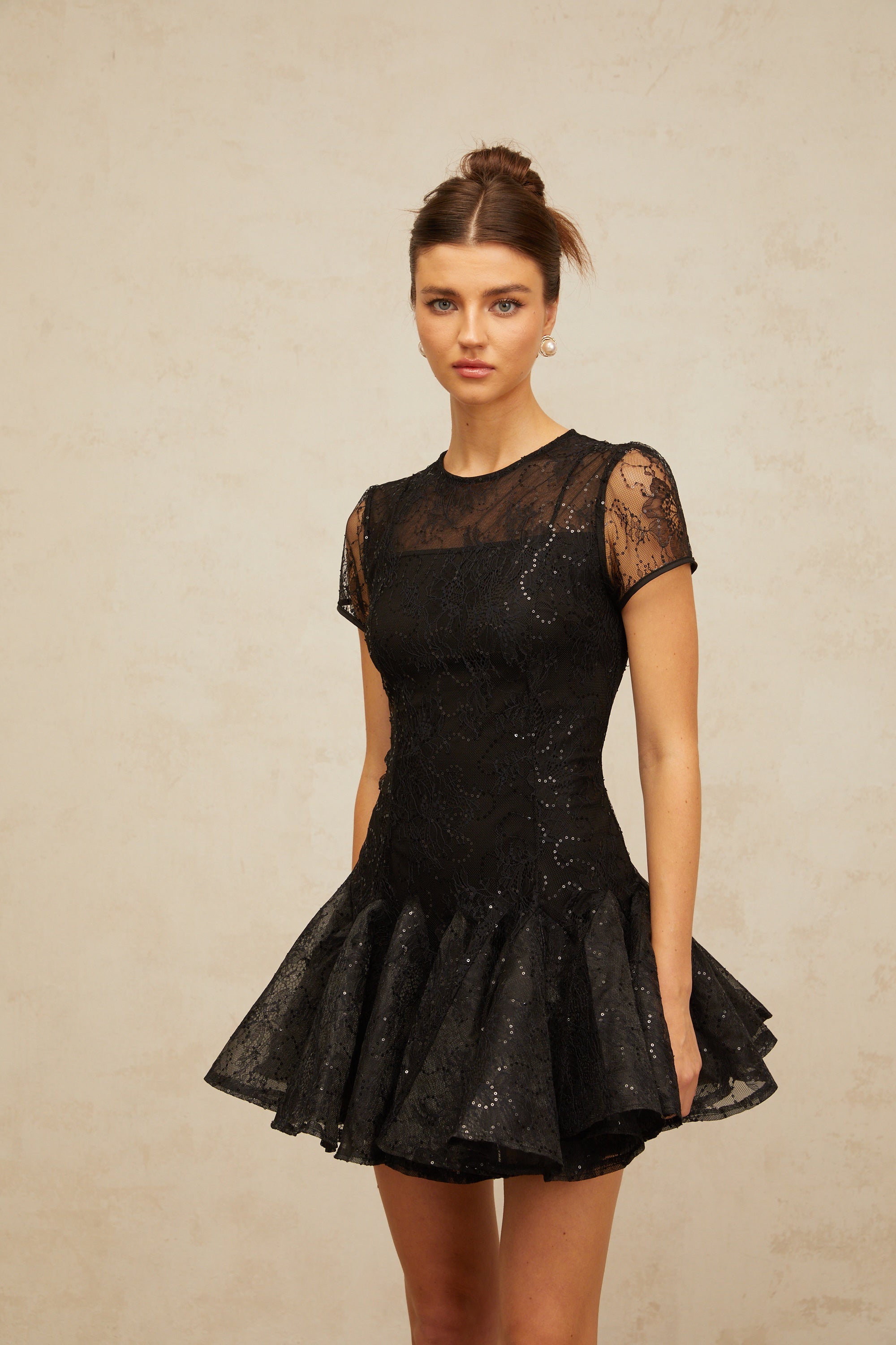 Lara black sequin-embellished flared mini dress