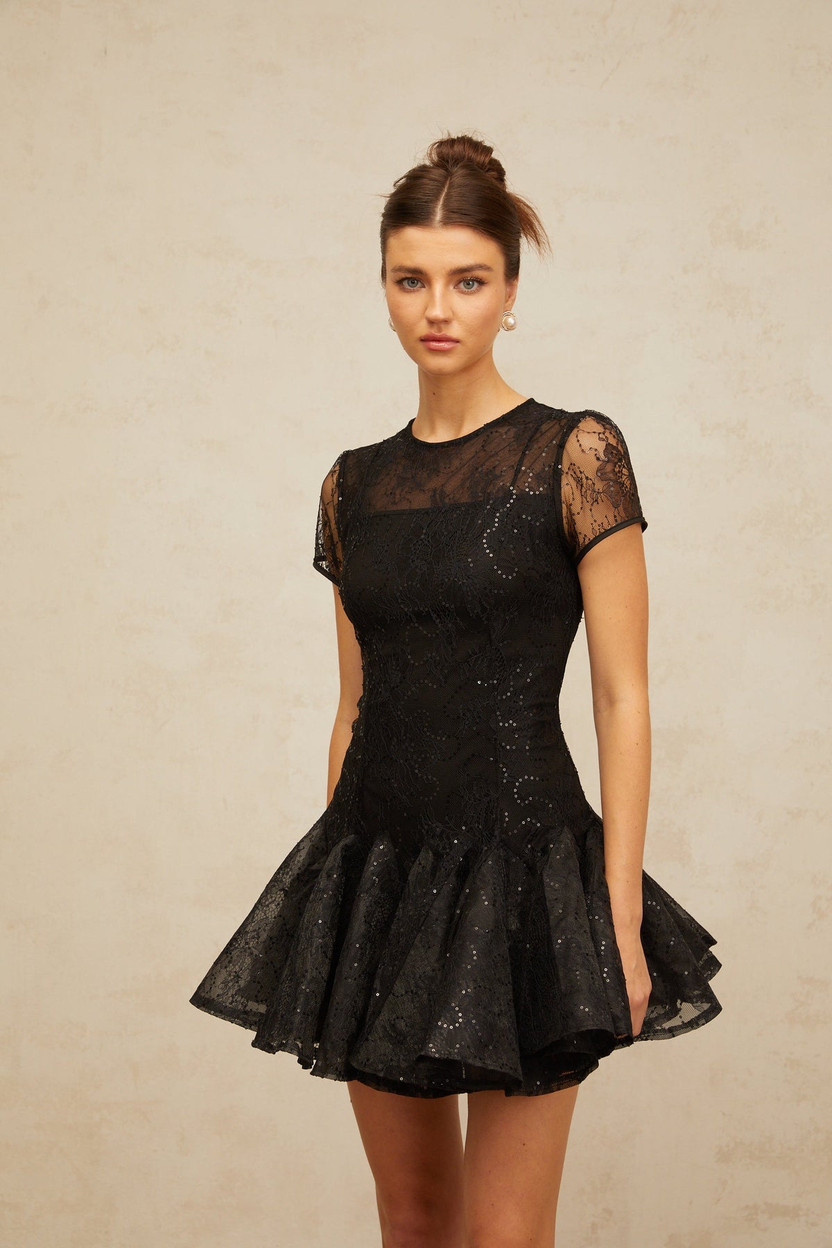 Lara black sequin-embellished flared mini dress