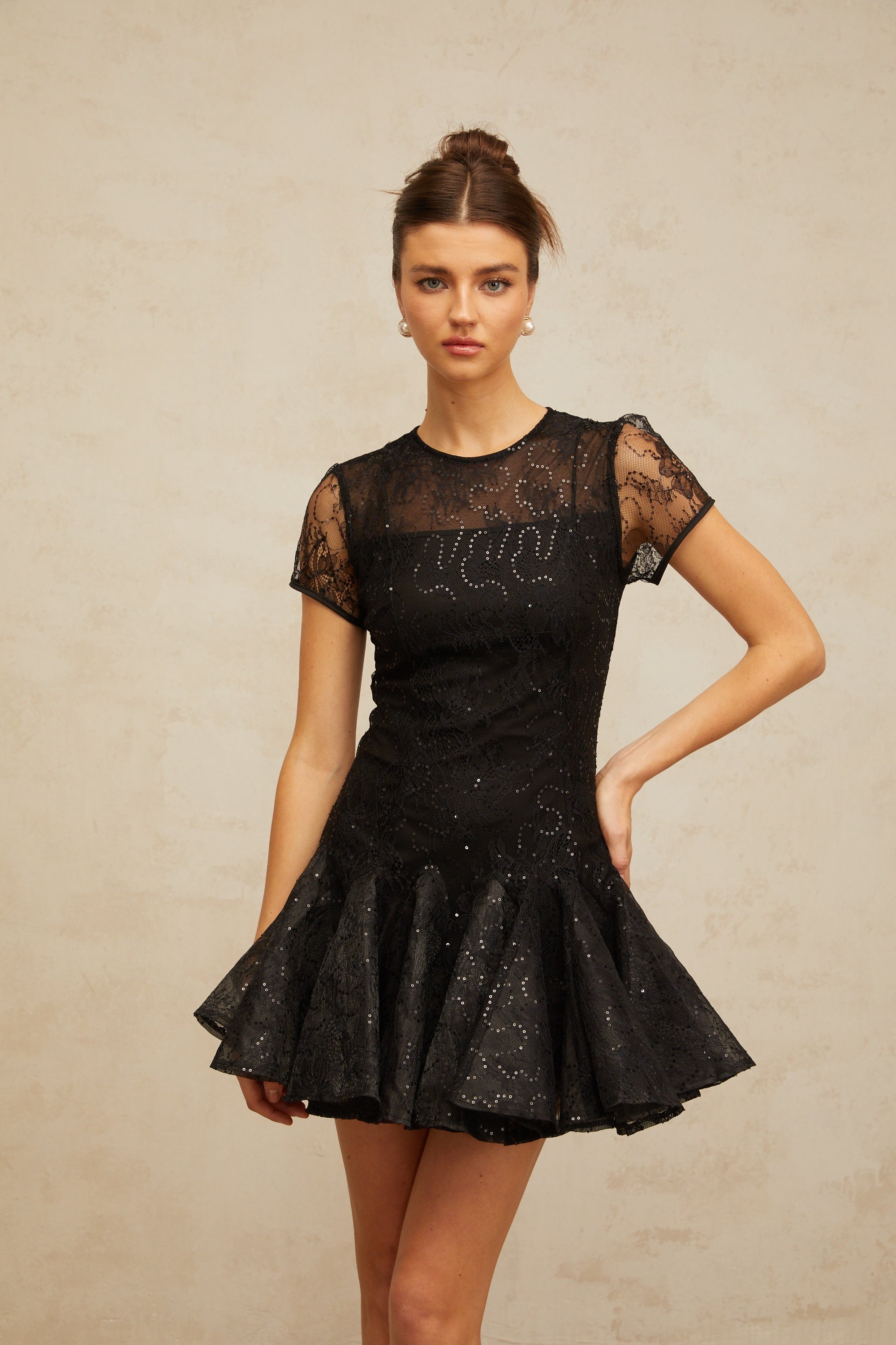 Lara black sequin-embellished flared mini dress