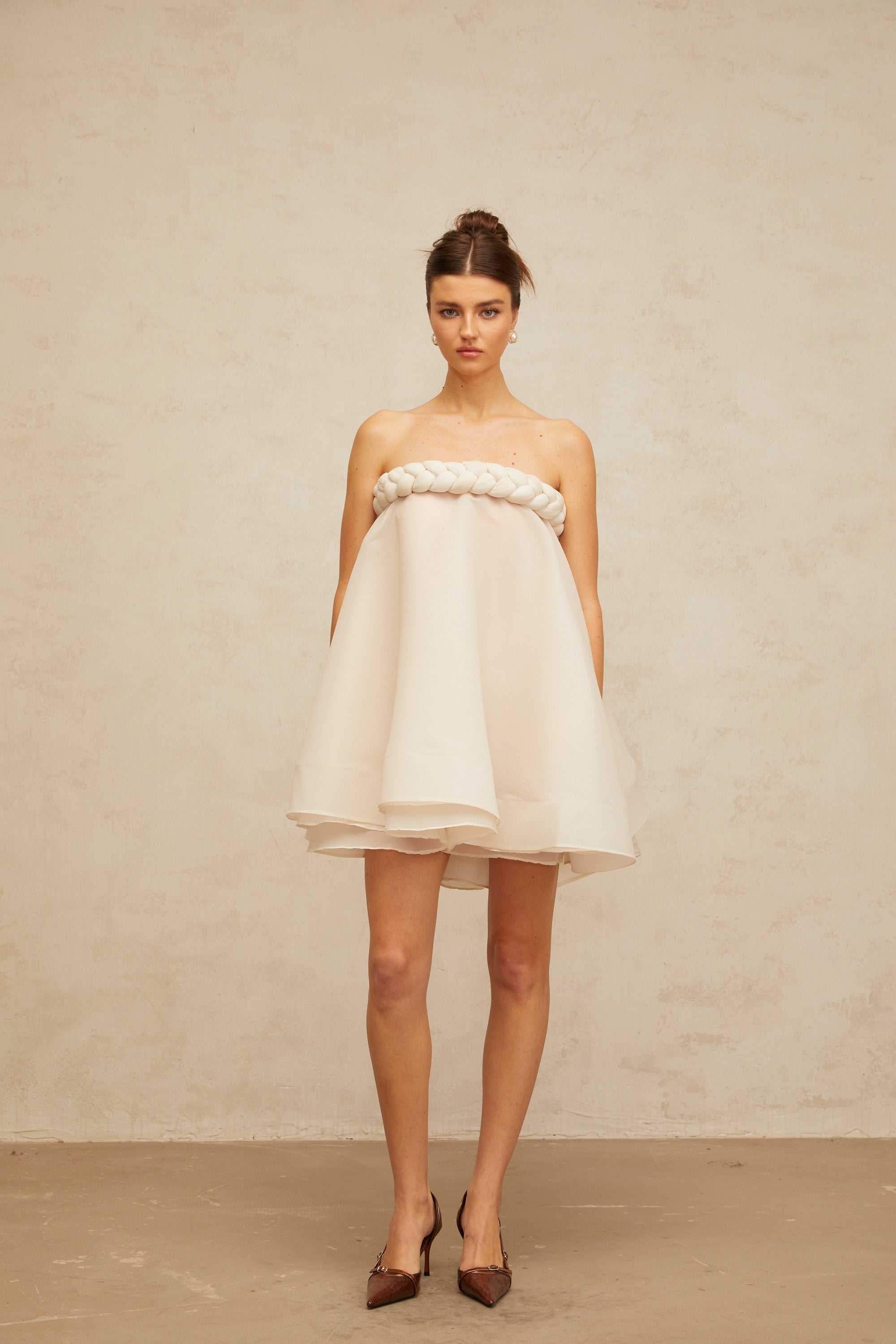 Violette white braid-detail puff mini dress