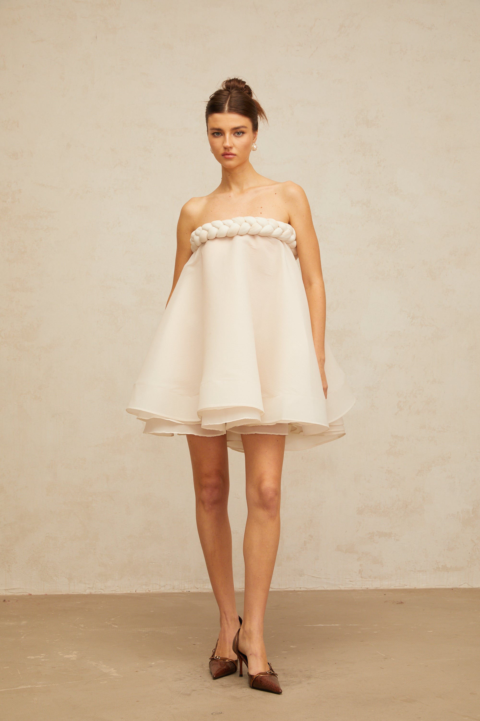 Violette white braid-detail puff mini dress