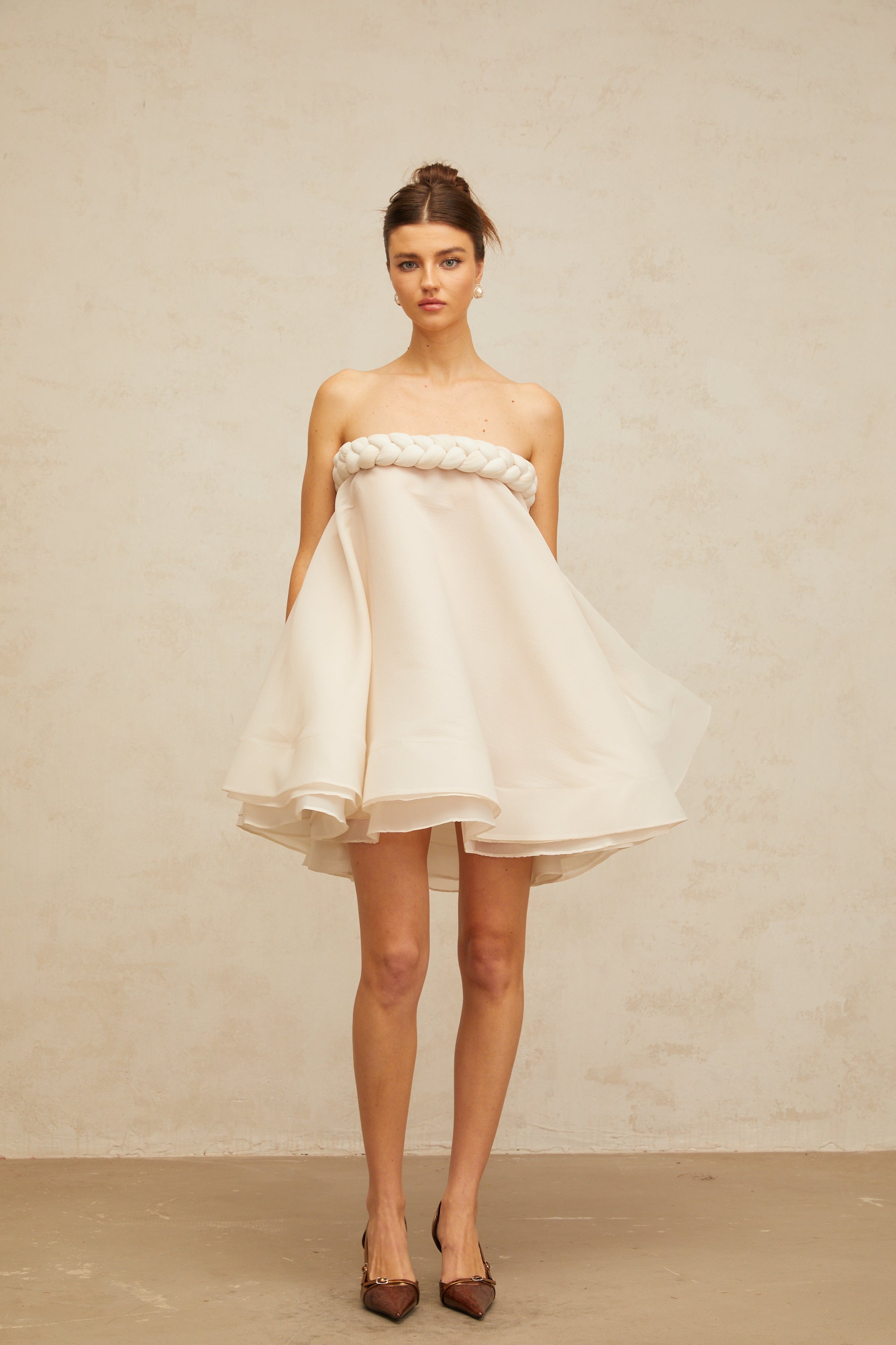 Violette white braid-detail puff mini dress