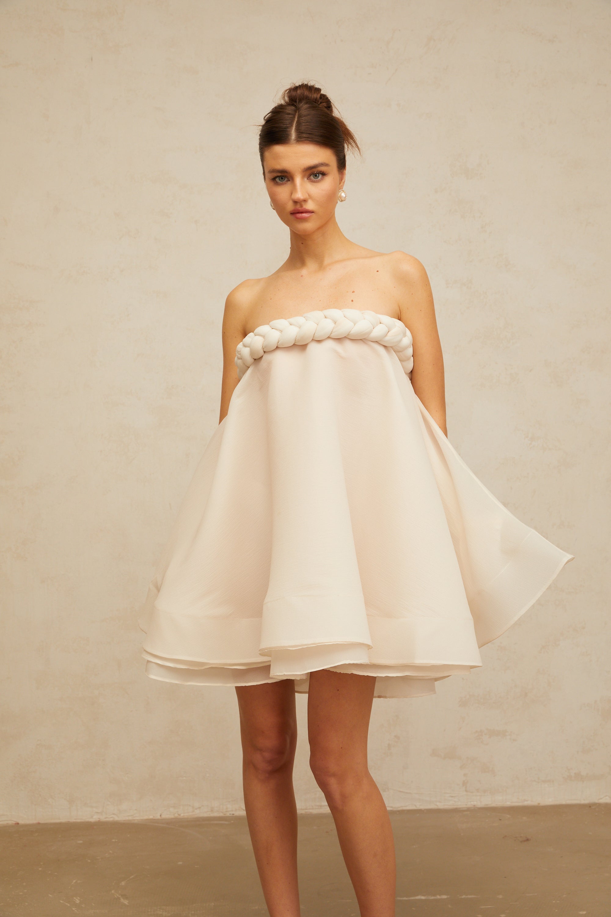 Violette white braid-detail puff mini dress