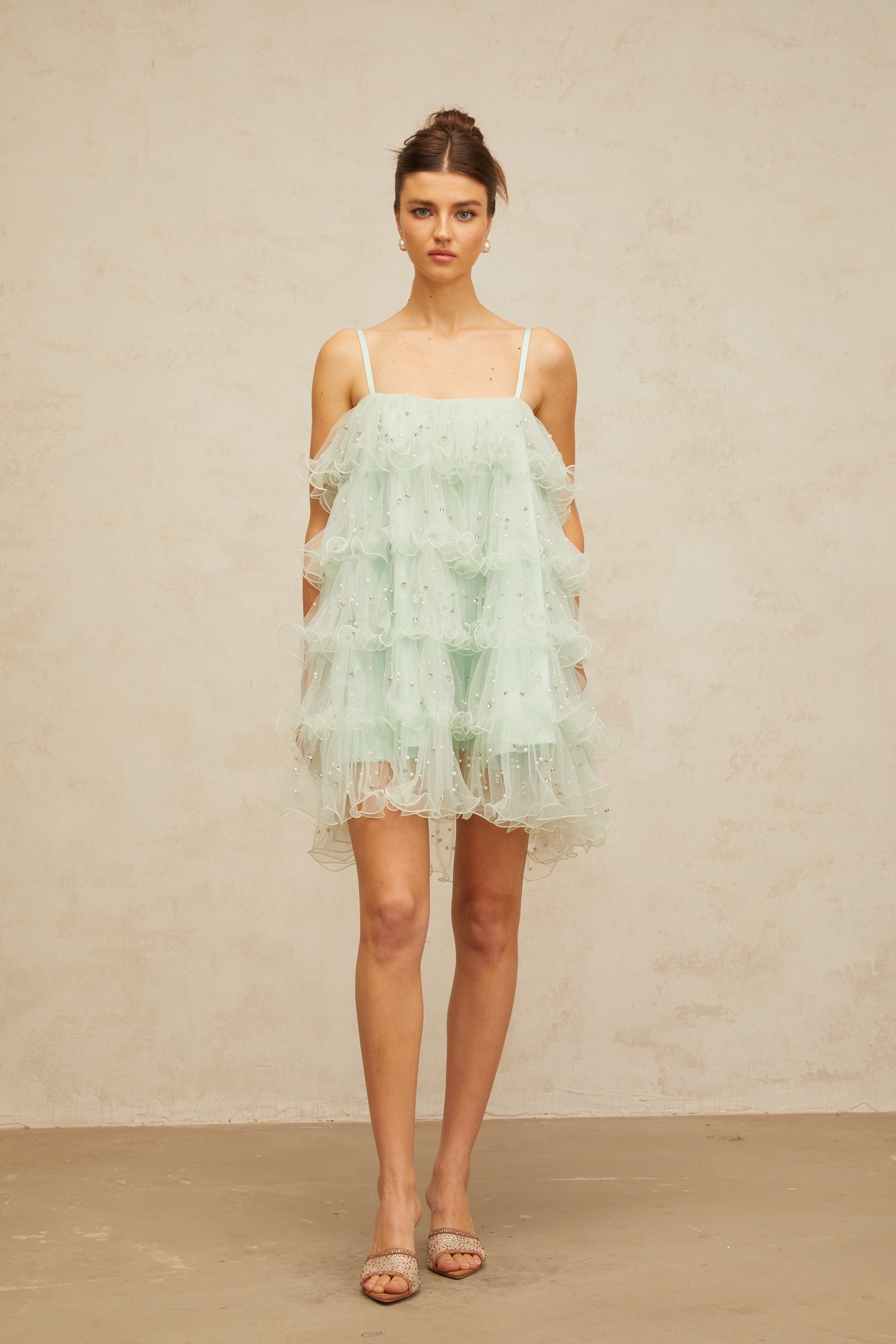 Airelle light-green embellished tiered tulle mini dress