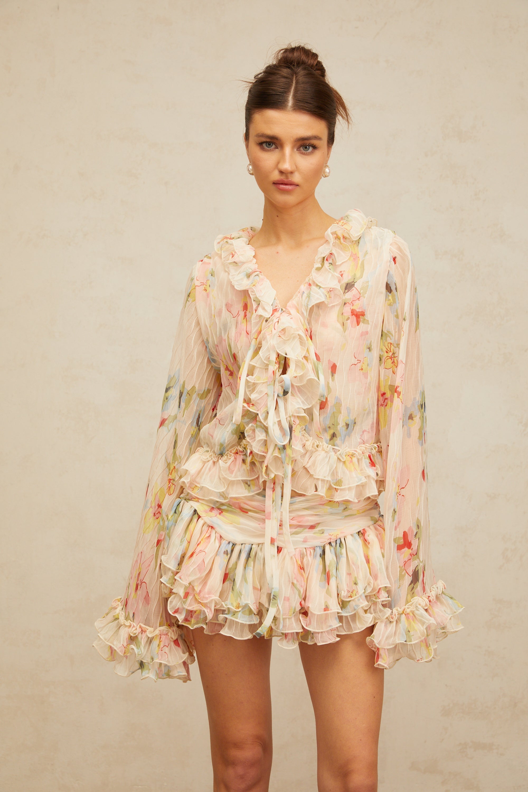 Donatienne floral-print ruffled blouse & skirt matching set