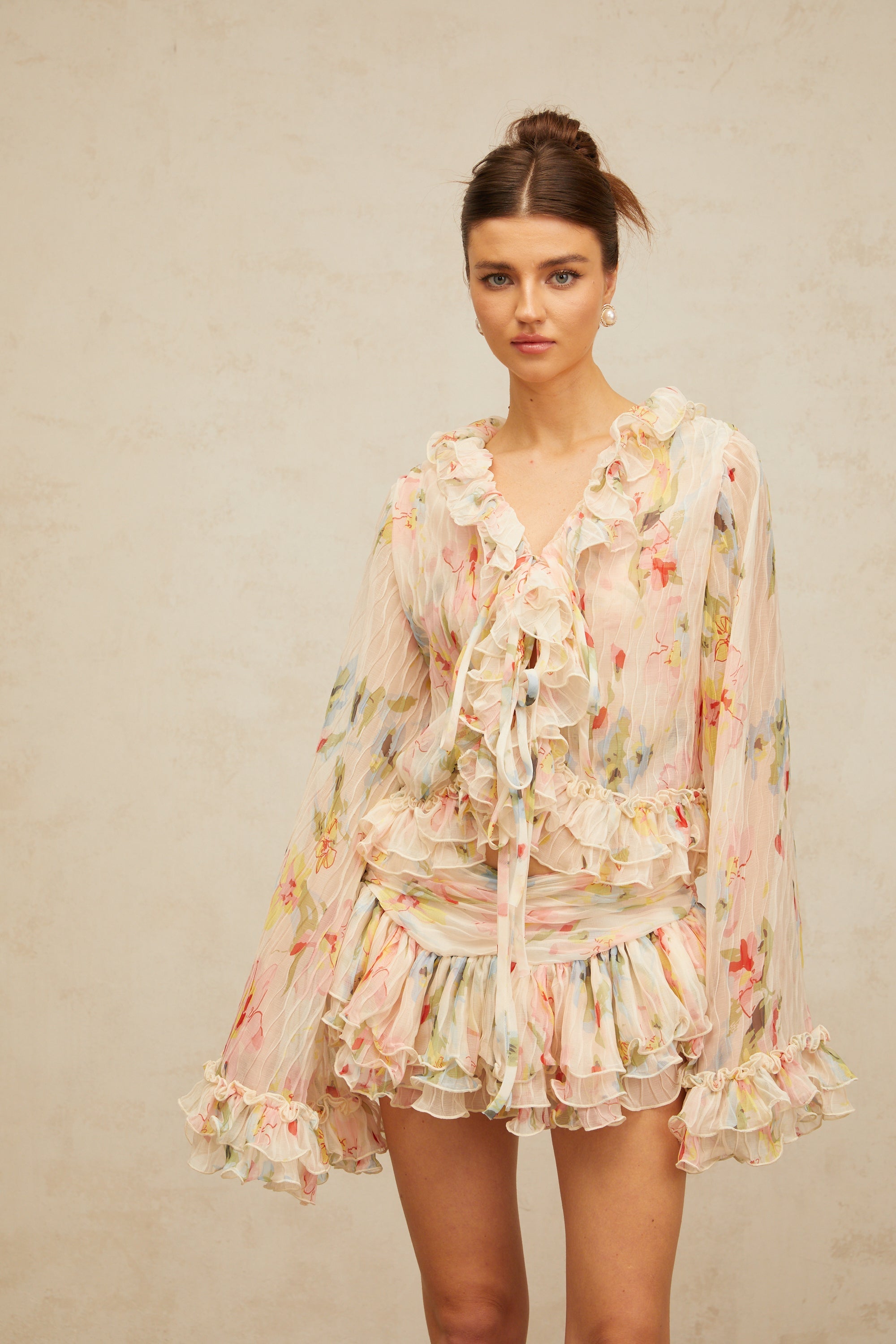 Donatienne floral-print ruffled blouse & skirt matching set