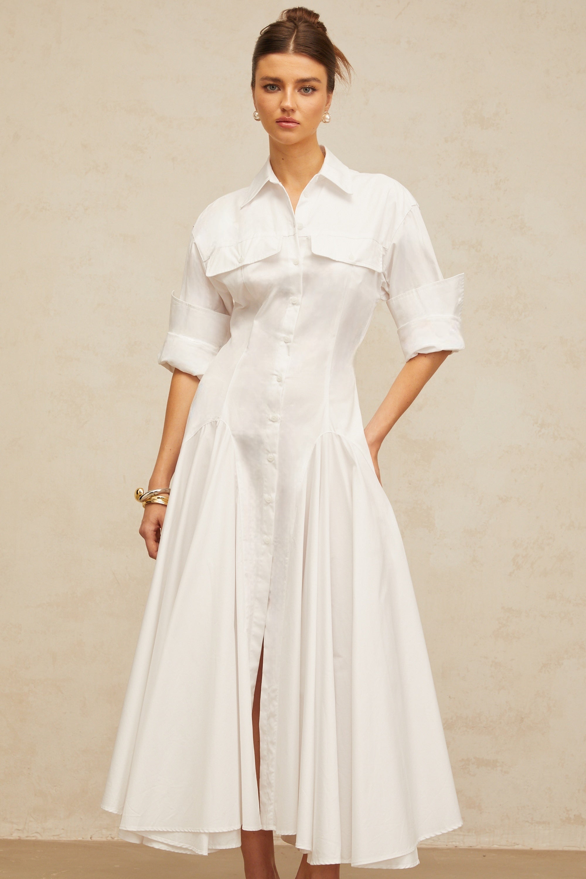 Dulcie white front-slit shirred shirt dress (Final Sale-US Only)