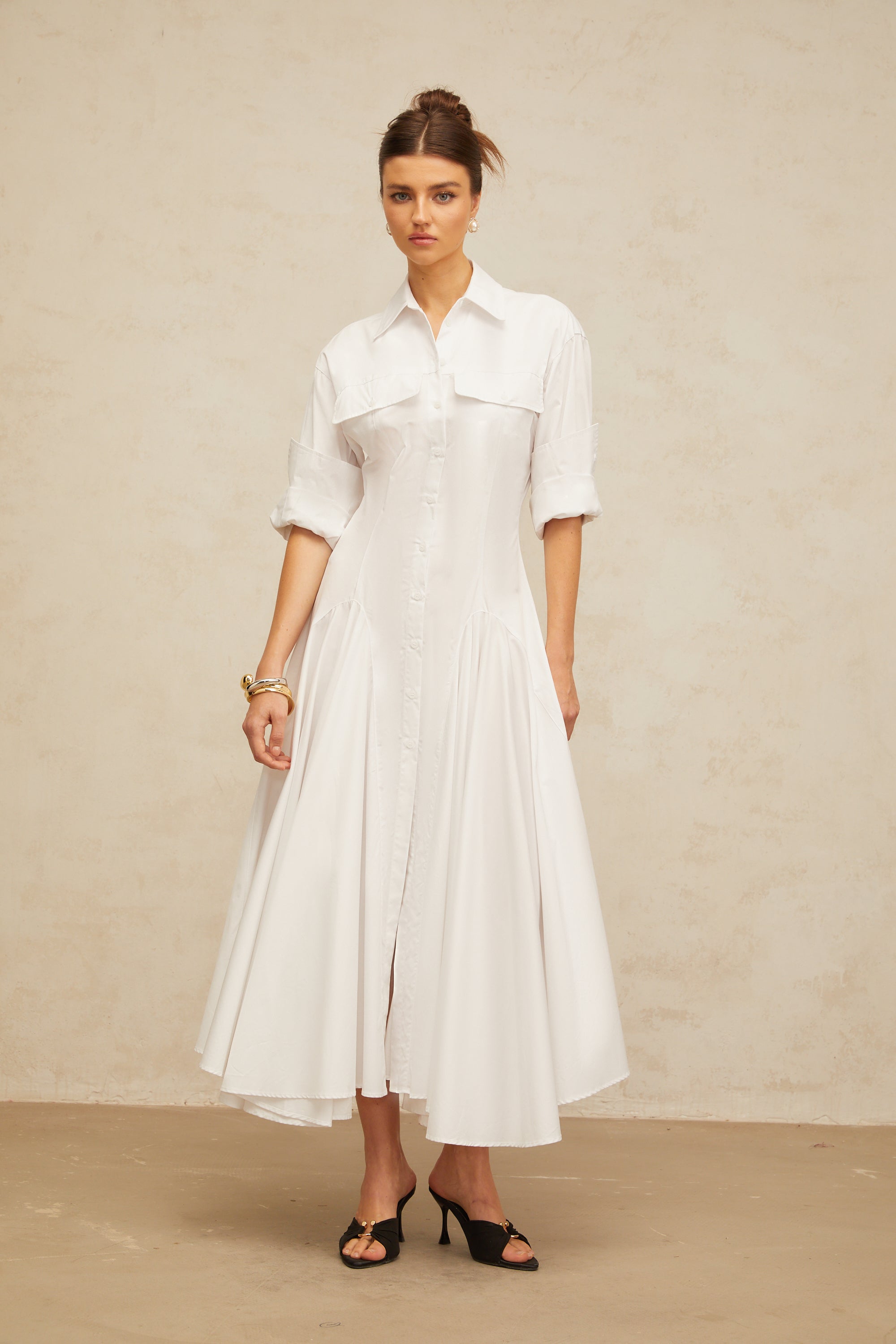 Dulcie white front-slit shirred shirt dress (Final Sale-US Only)