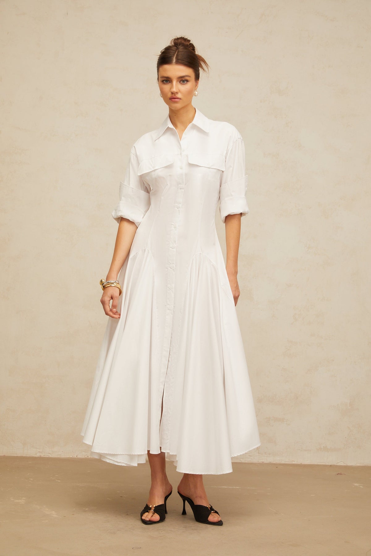 Dulcie white front-slit shirred shirt dress (Final Sale-US Only)