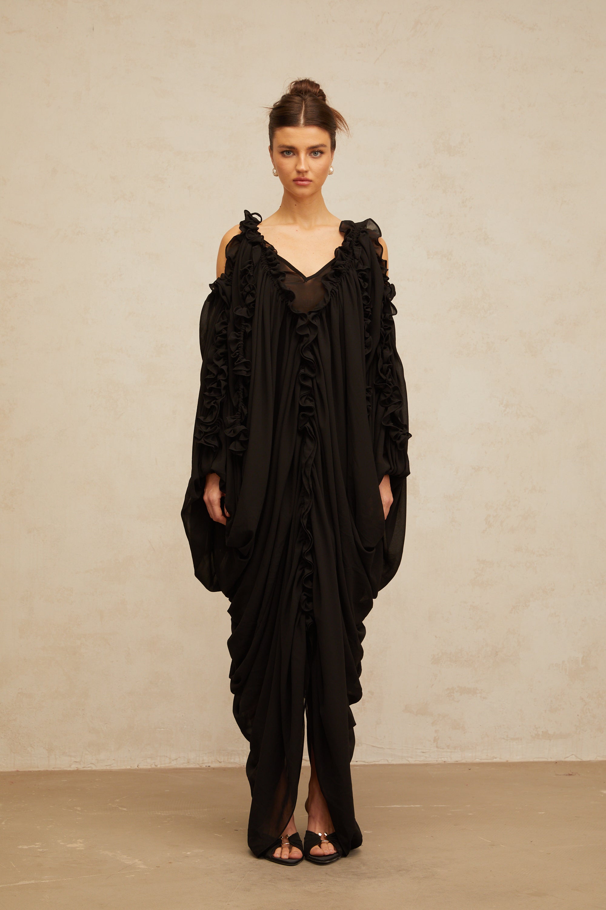 Aglaé black ruffled-trim tulle maxi dress