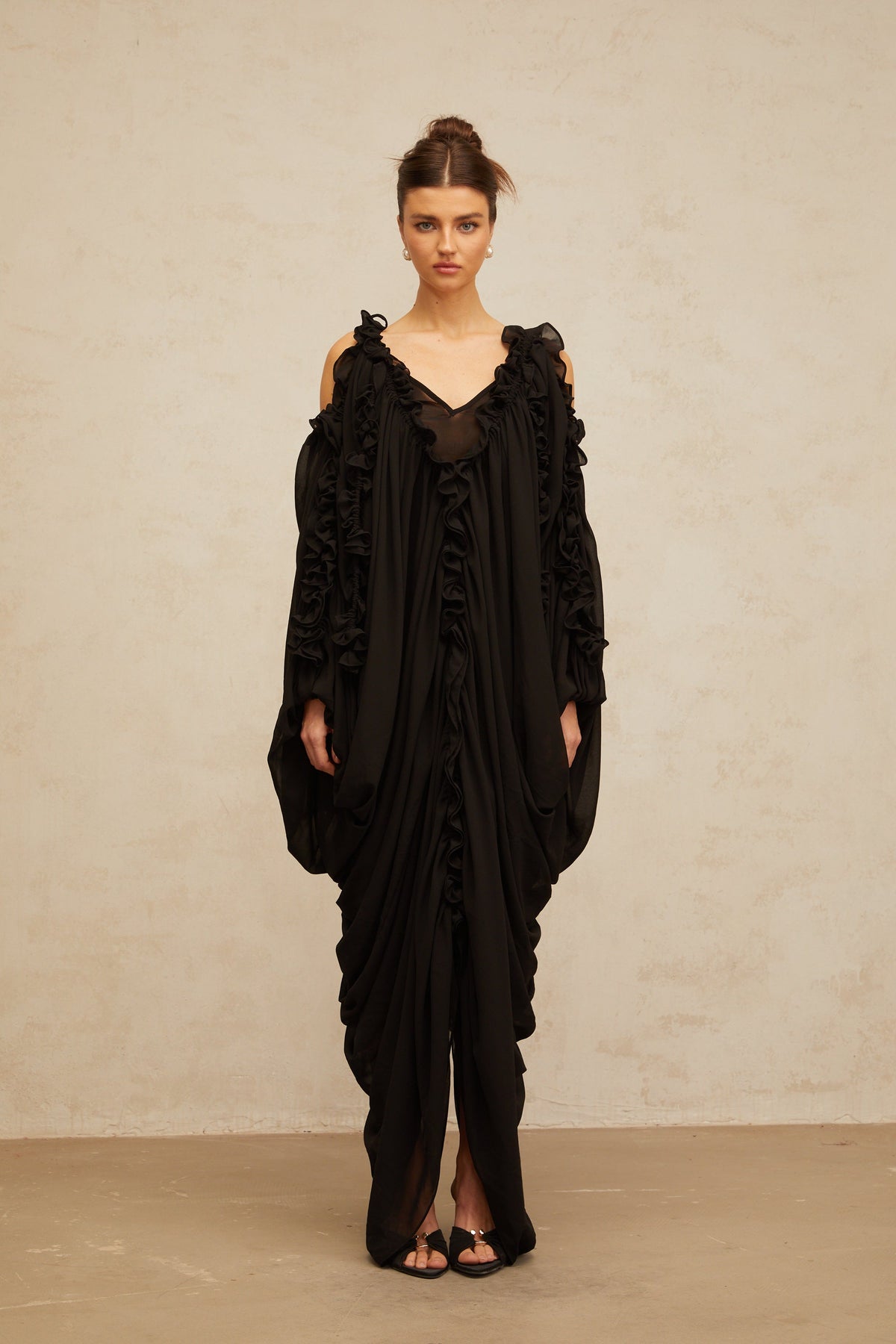 Aglaé black ruffled-trim tulle maxi dress