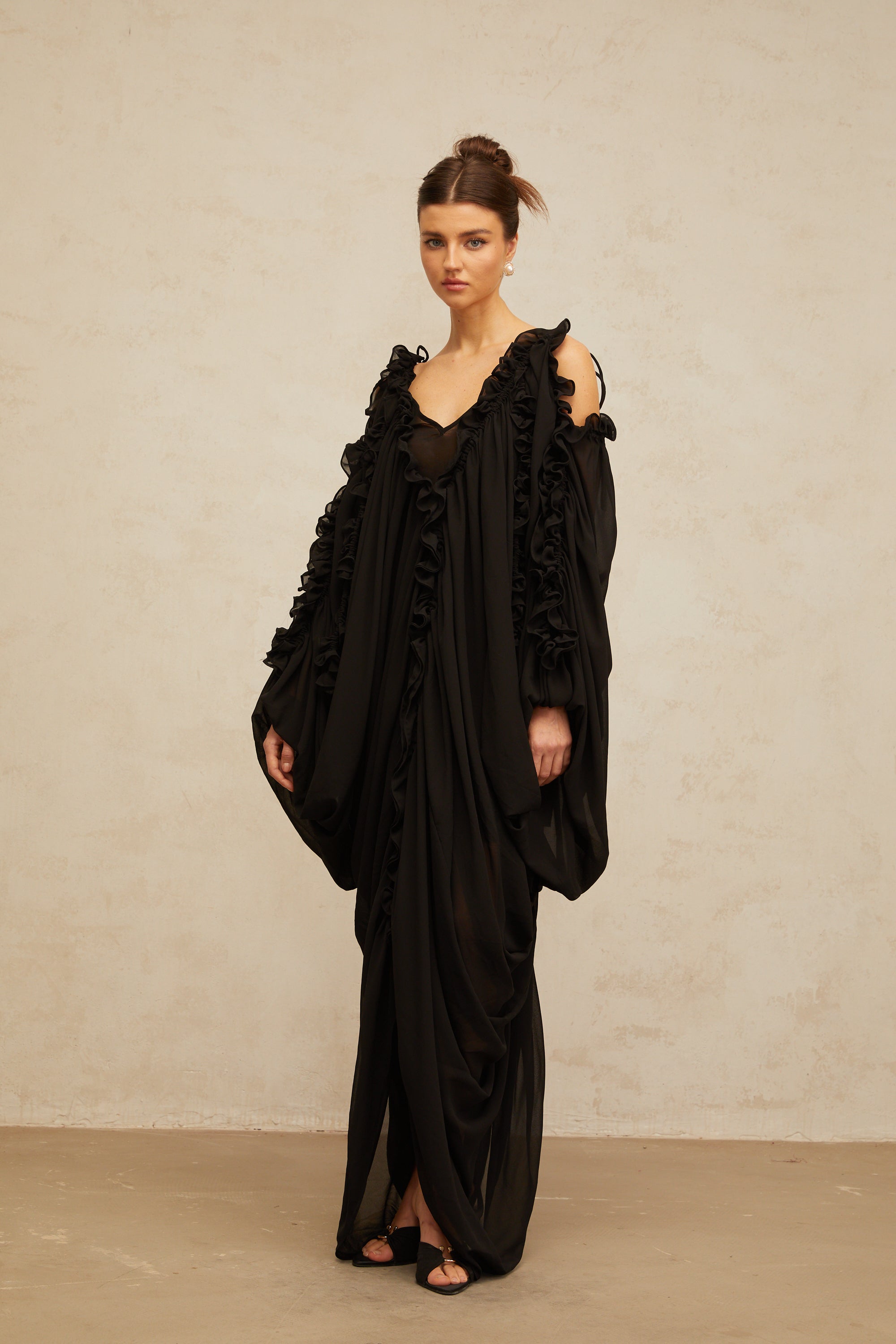 Aglaé black ruffled-trim tulle maxi dress