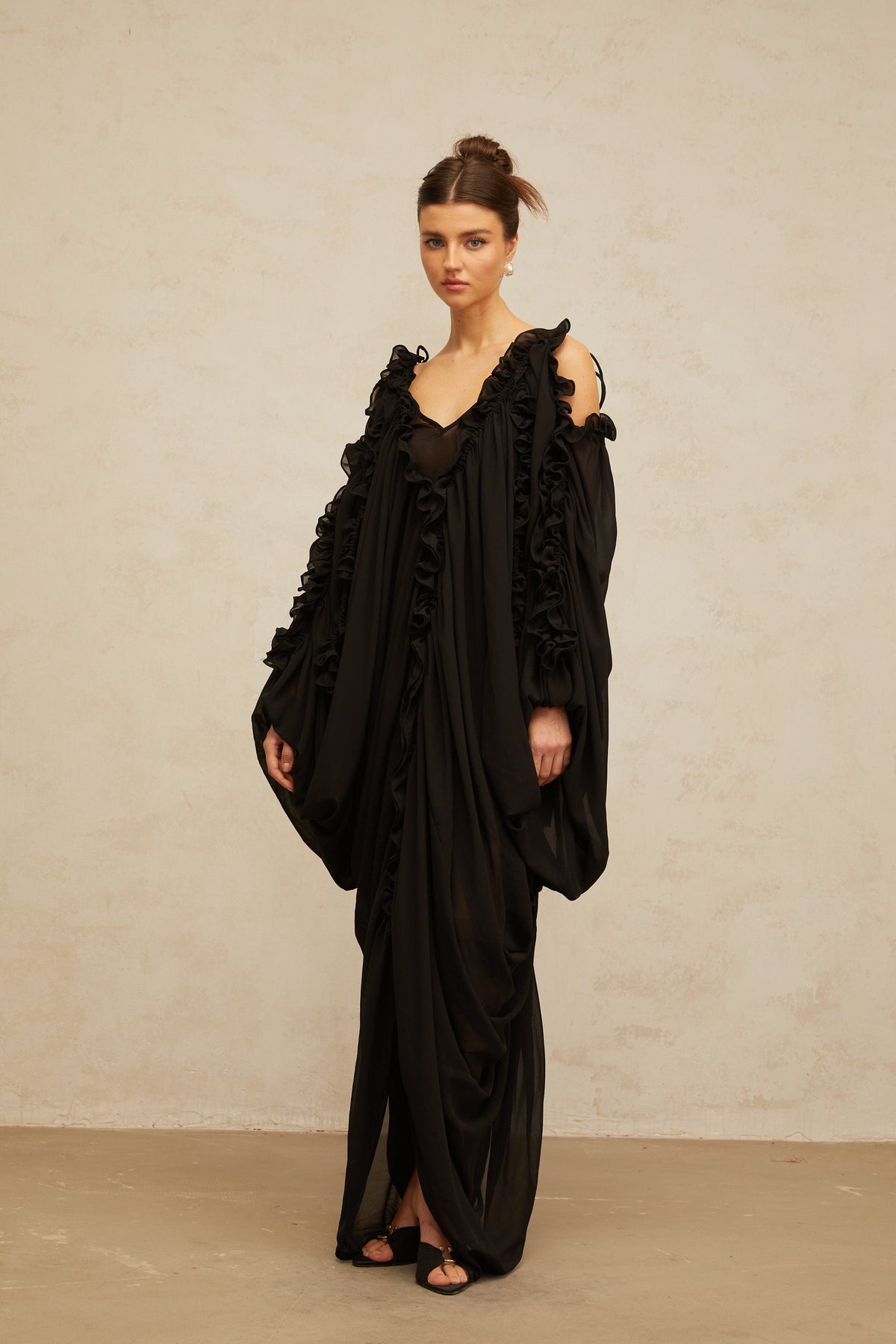 Aglaé black ruffled-trim tulle maxi dress