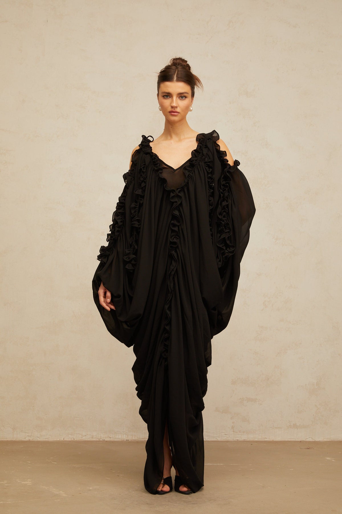 Aglaé black ruffled-trim tulle maxi dress
