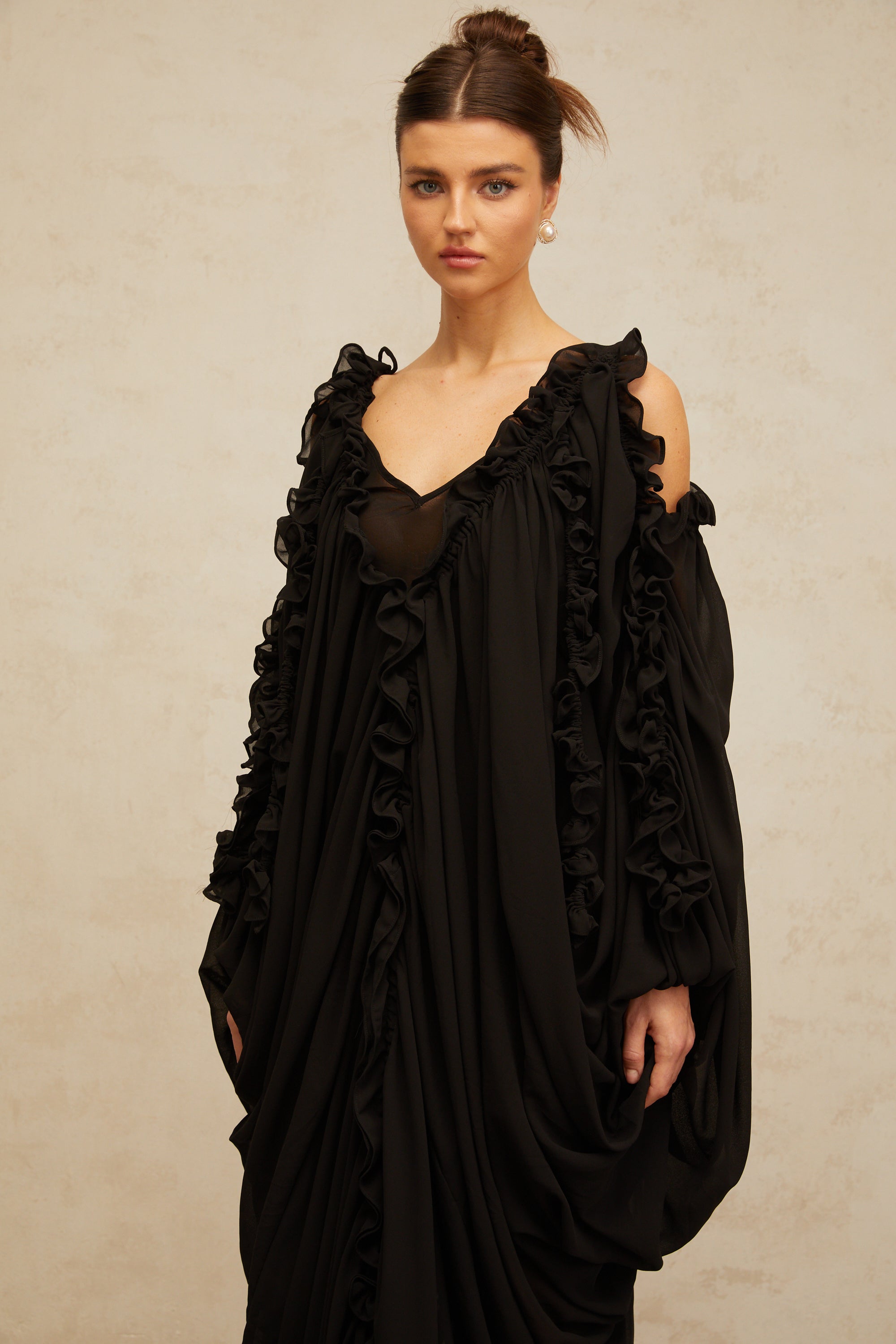 Aglaé black ruffled-trim tulle maxi dress