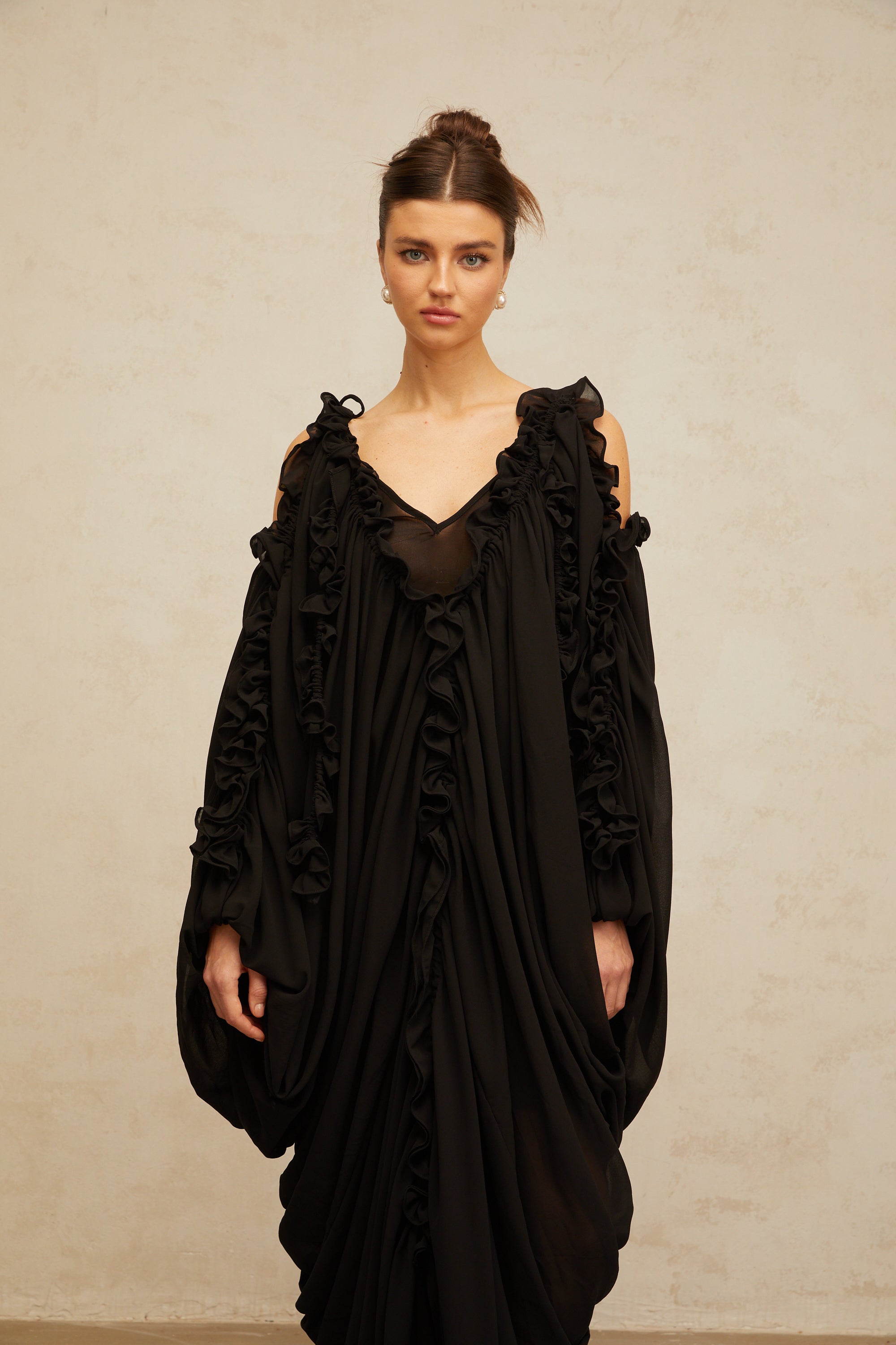 Aglaé black ruffled-trim tulle maxi dress