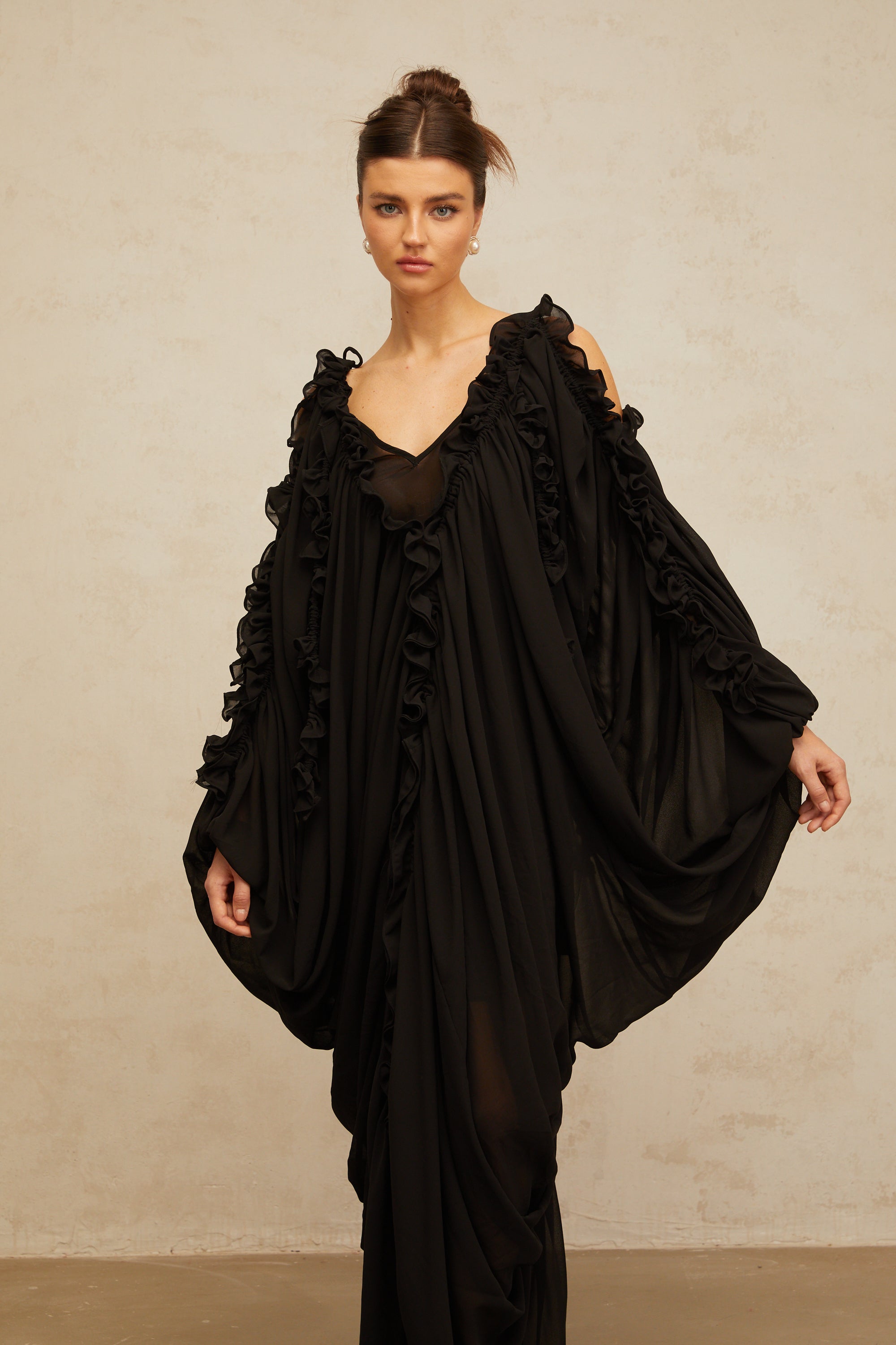 Aglaé black ruffled-trim tulle maxi dress