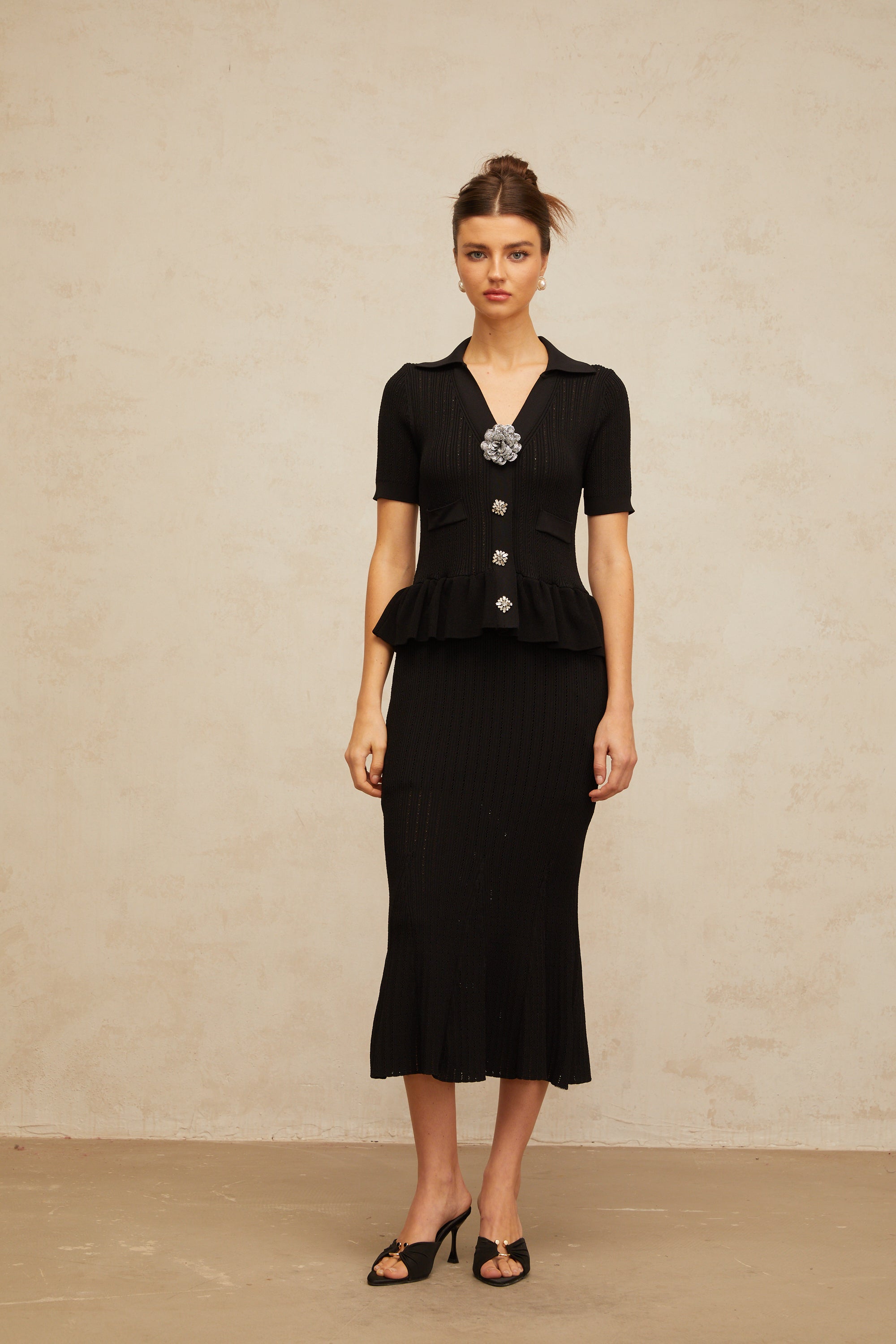 Félicie black embellished pointelle-knit midi dress