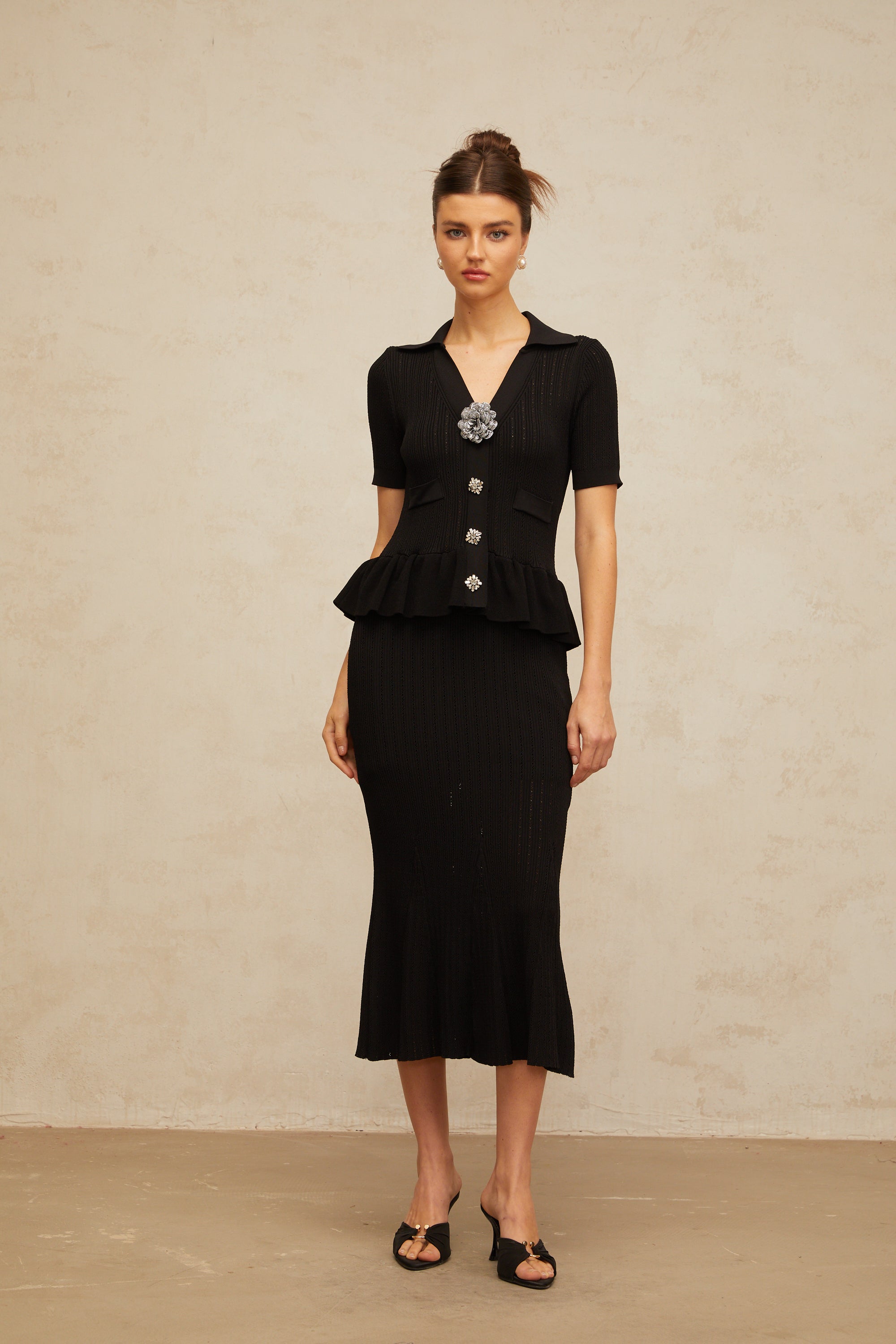 Félicie black embellished pointelle-knit midi dress