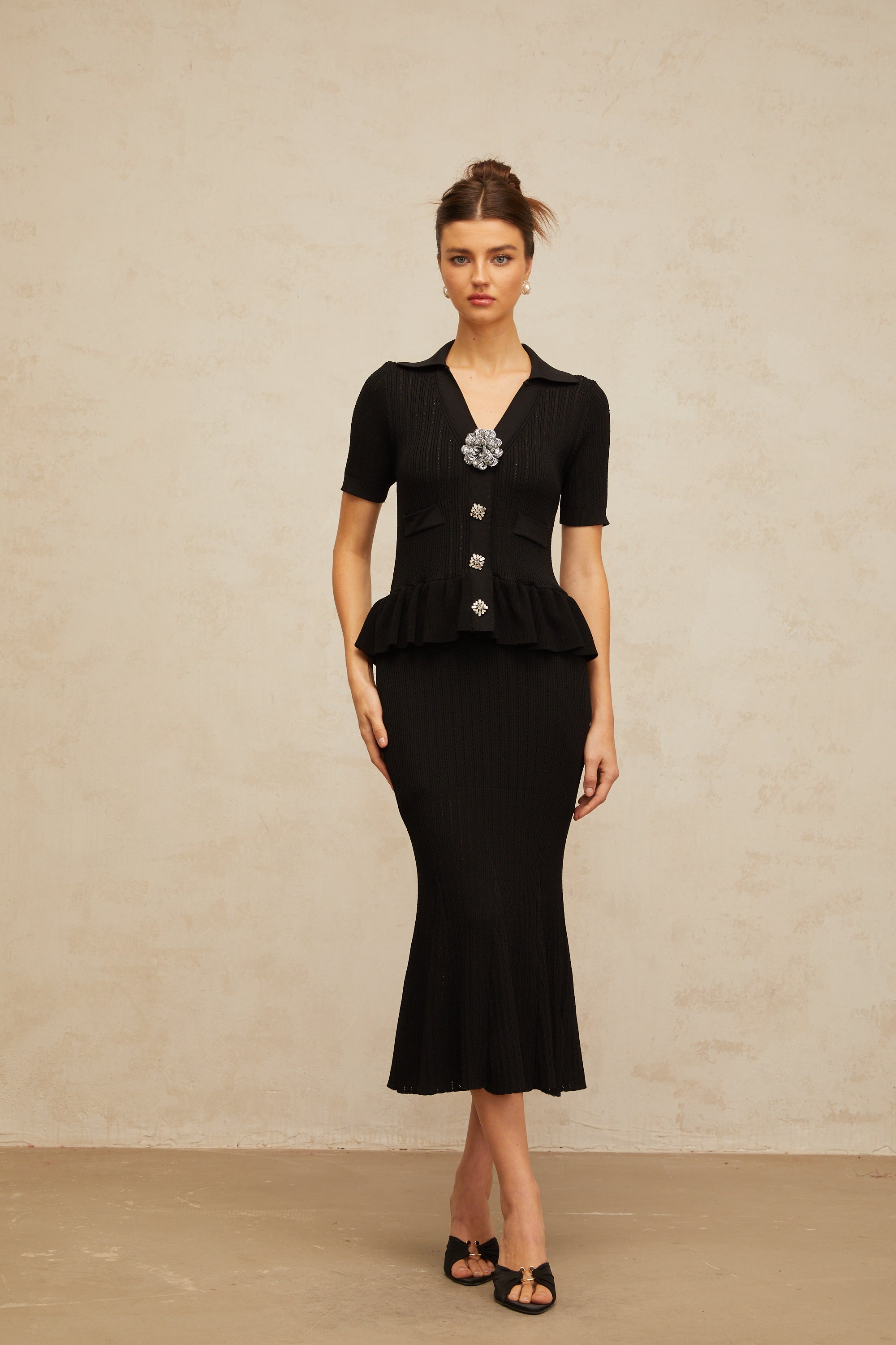 Félicie black embellished pointelle-knit midi dress