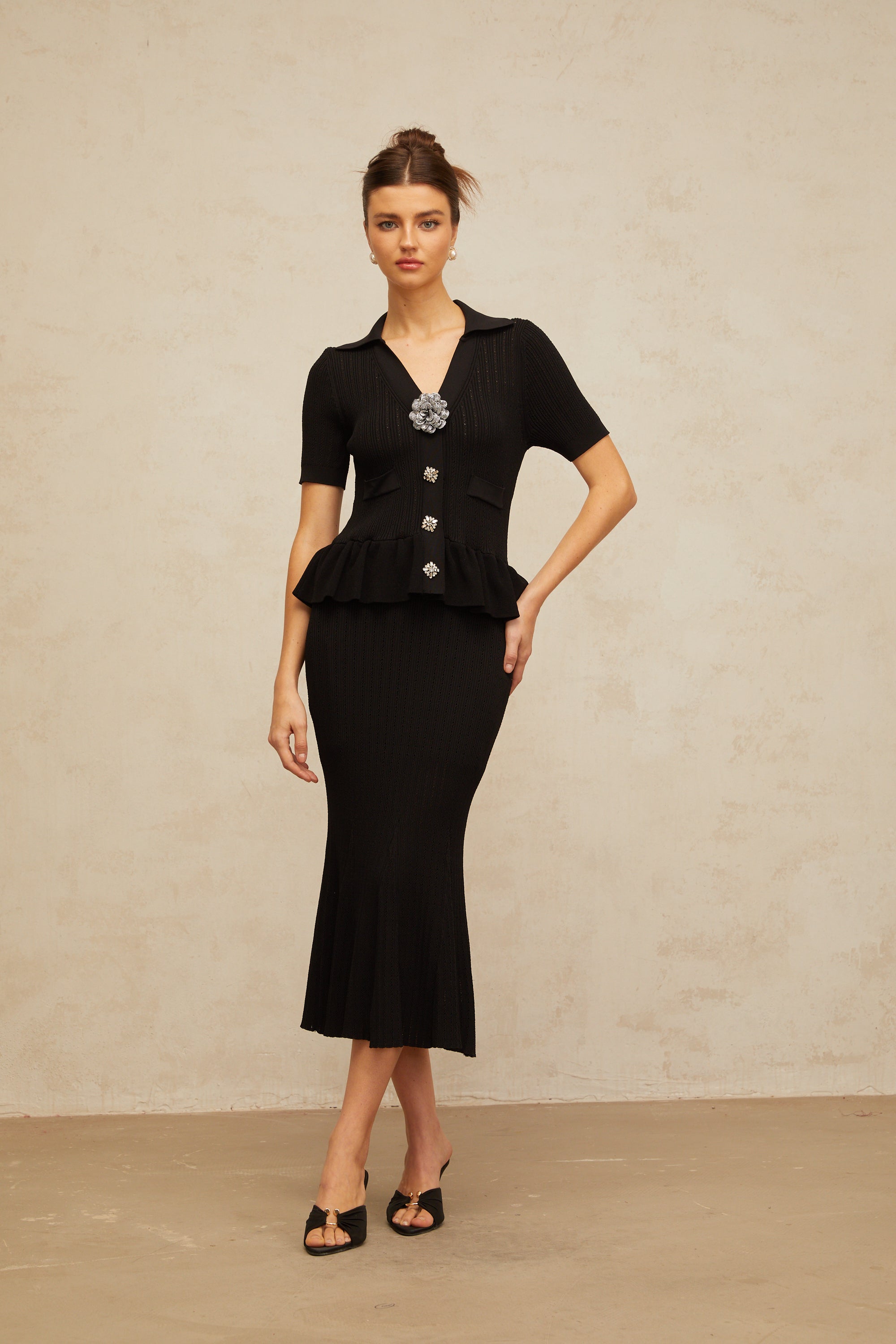 Félicie black embellished pointelle-knit midi dress