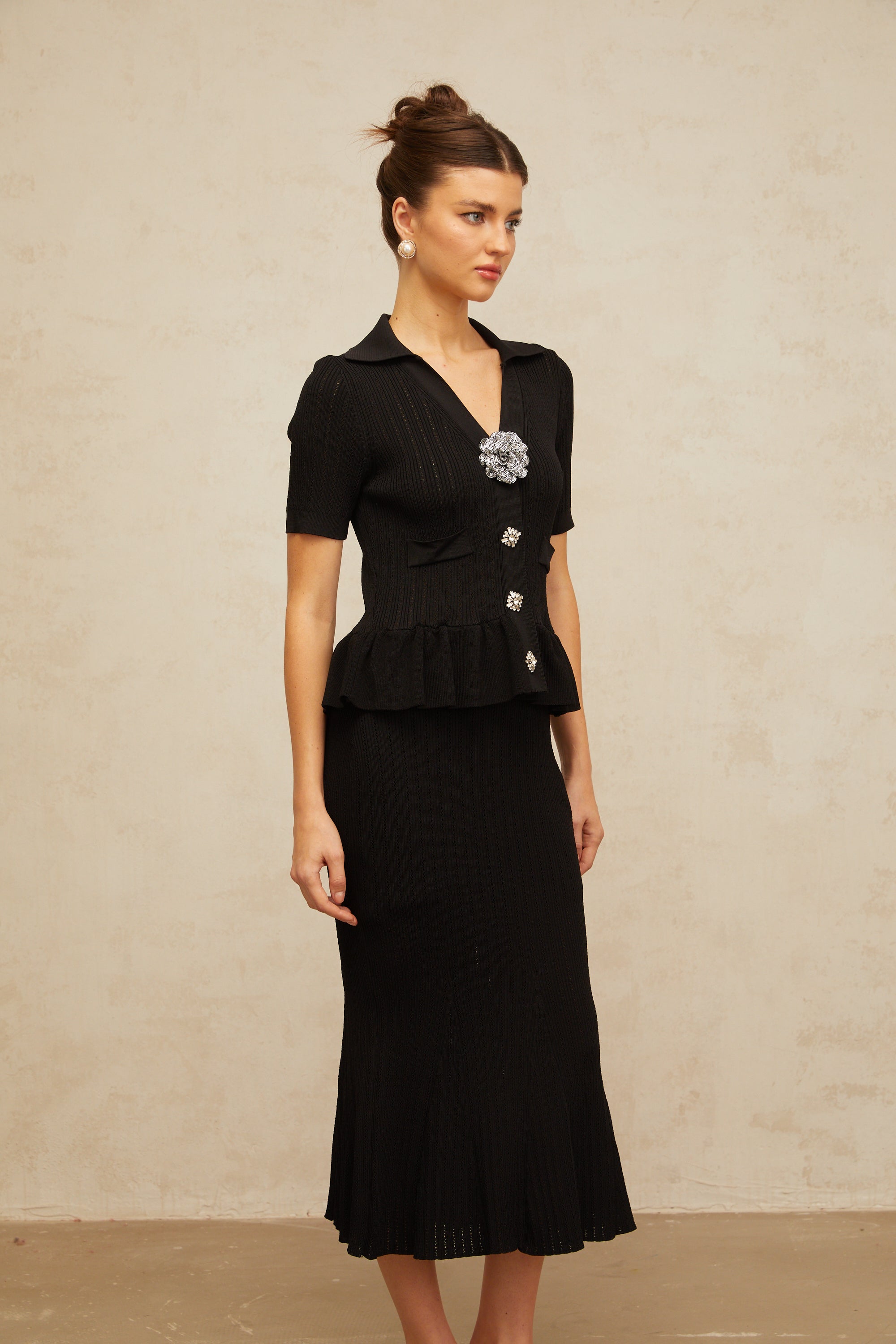 Félicie black embellished pointelle-knit midi dress
