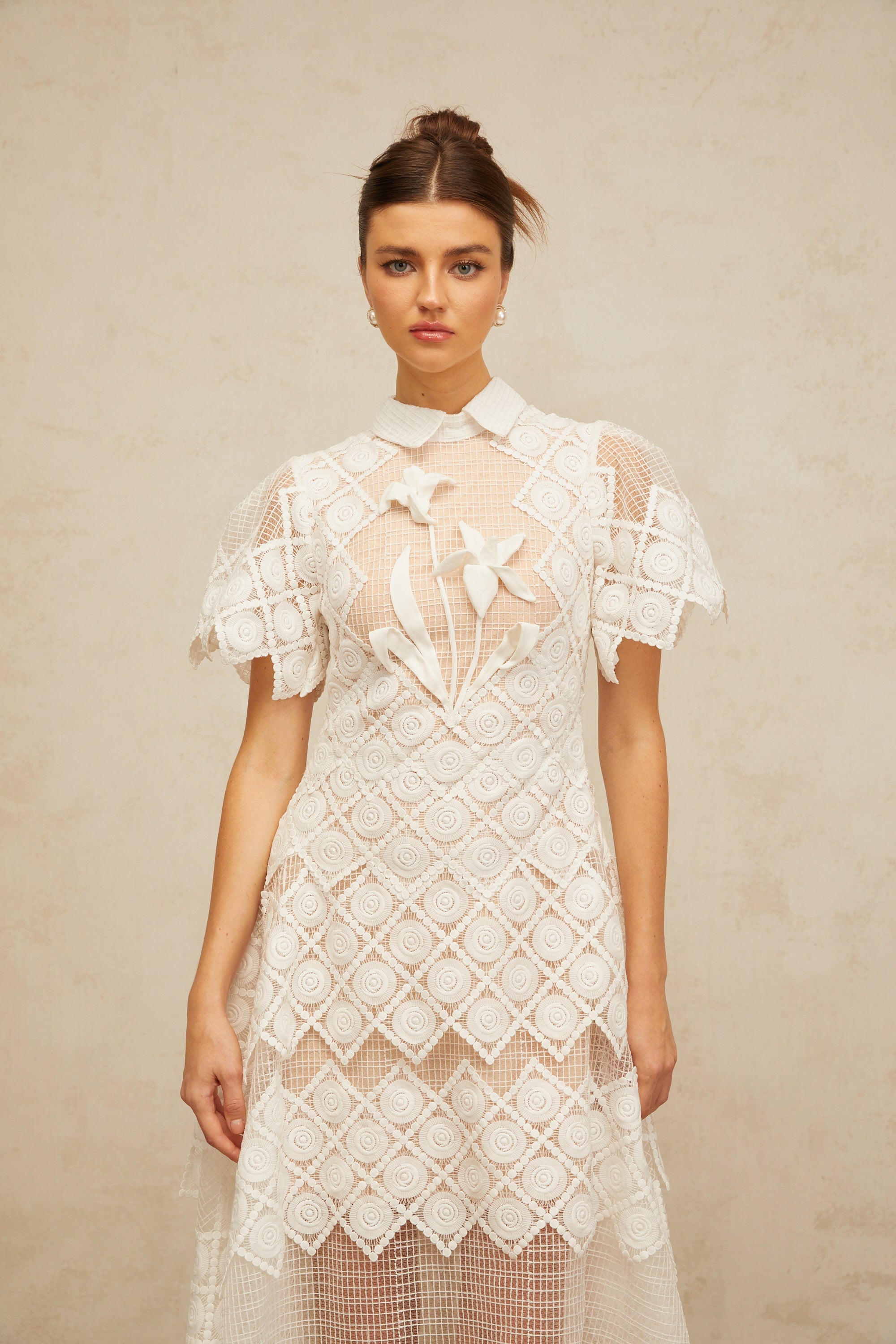 Yasmine white floral-embroidered midi dress