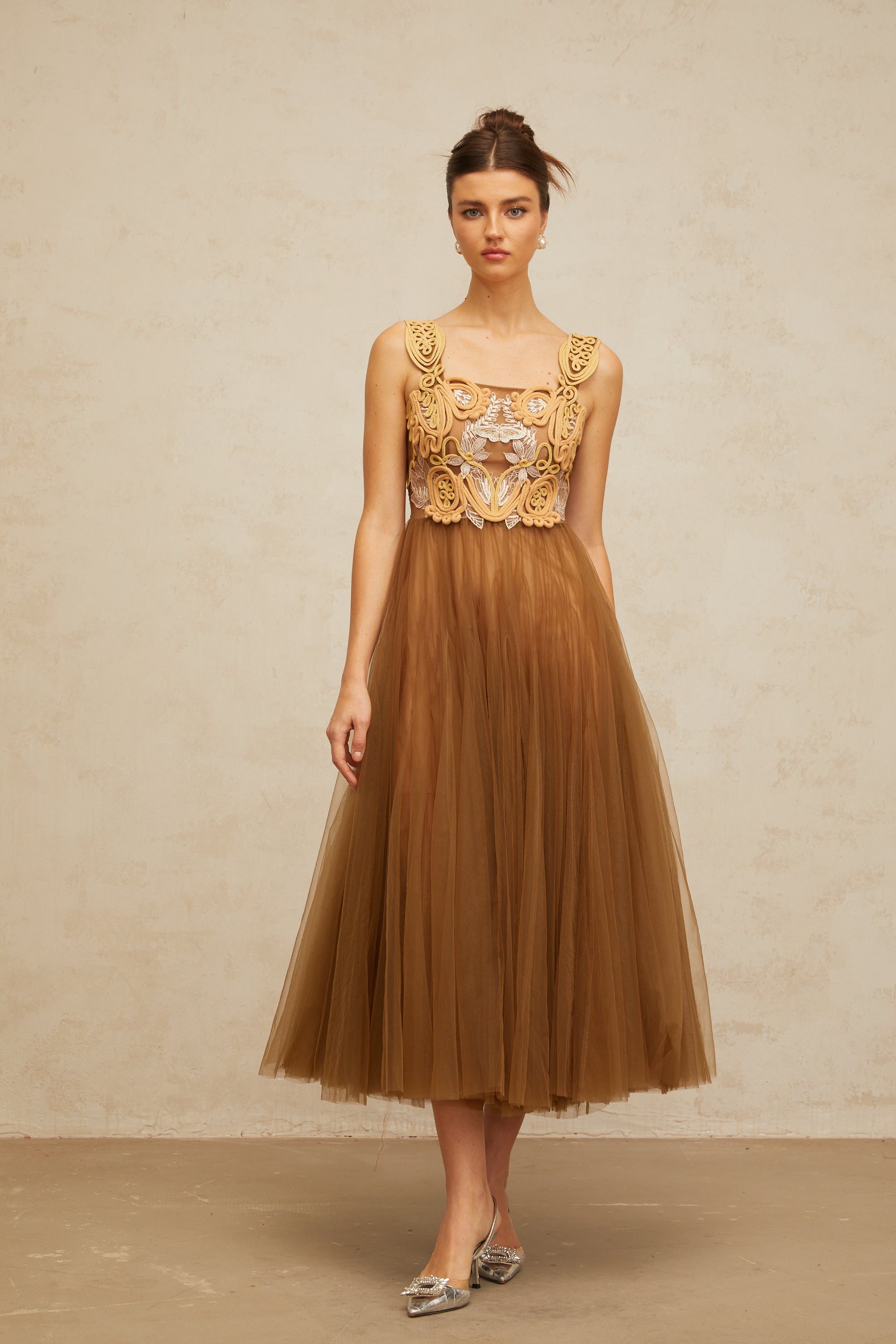 Elodie brown braid-detail tulle midi dress