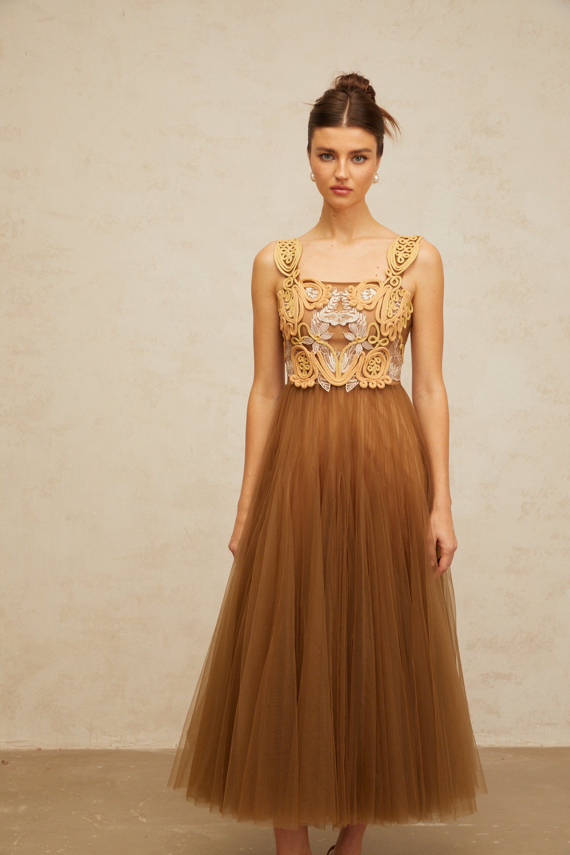 Elodie brown braid-detail tulle midi dress