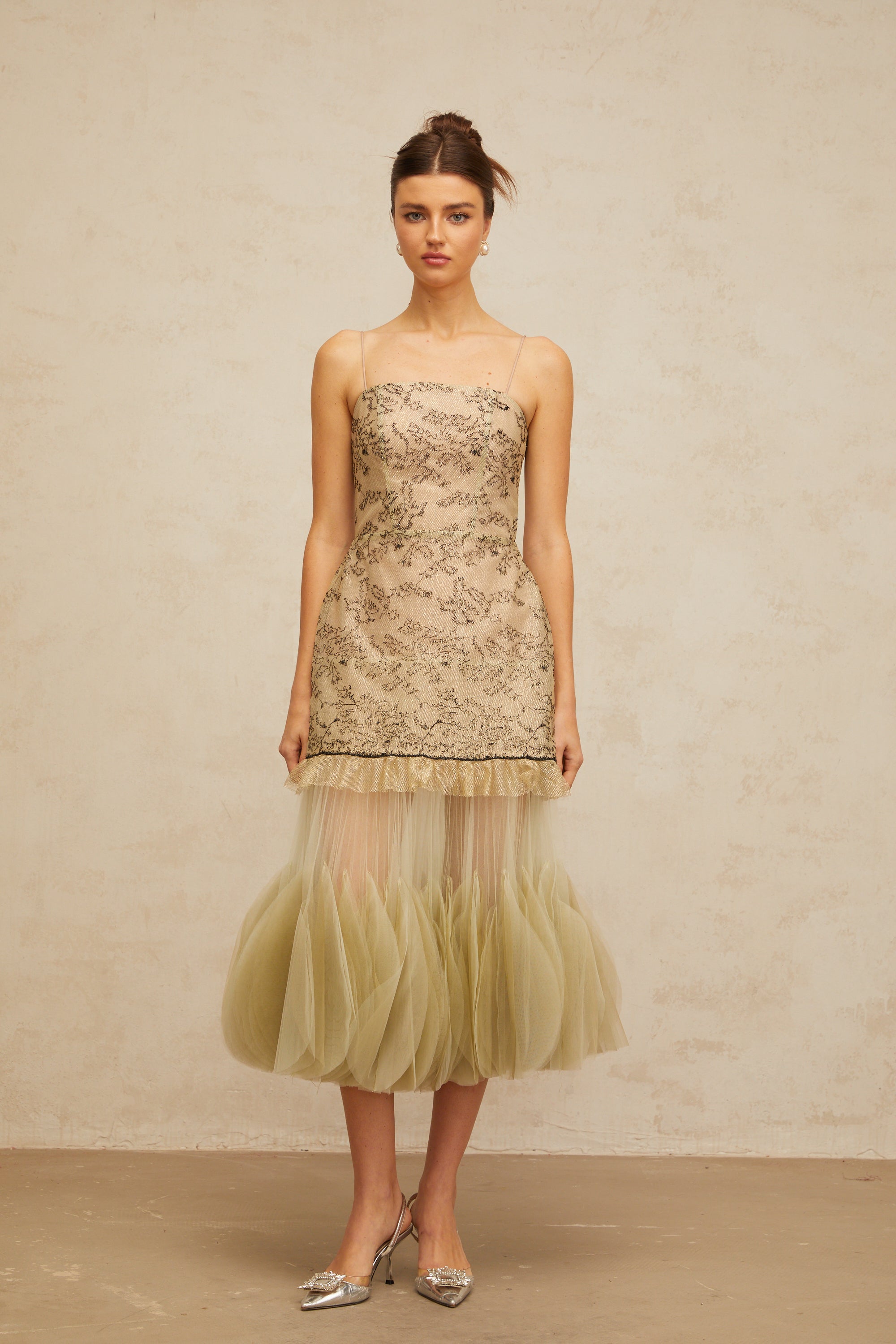 Mathilde green embroidered panelled midi dress