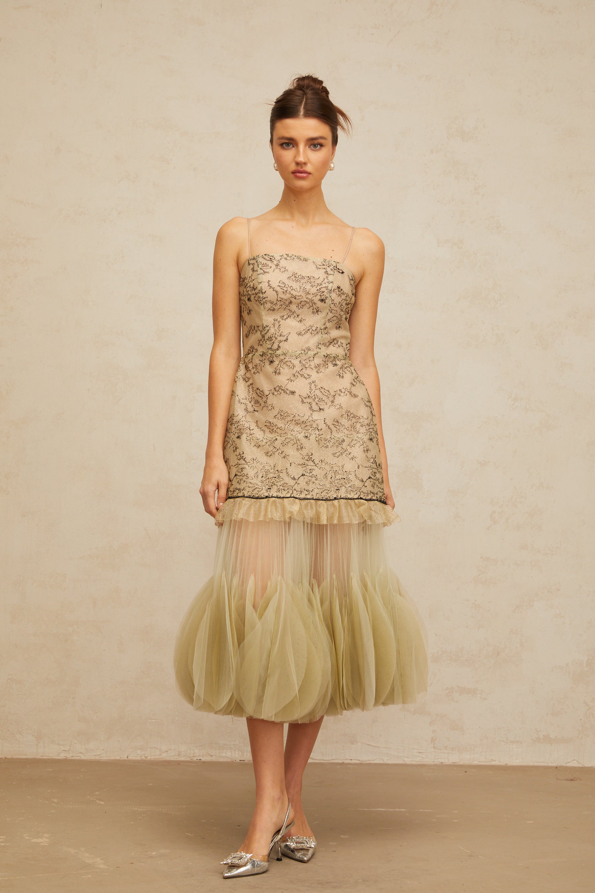 Mathilde green embroidered panelled midi dress