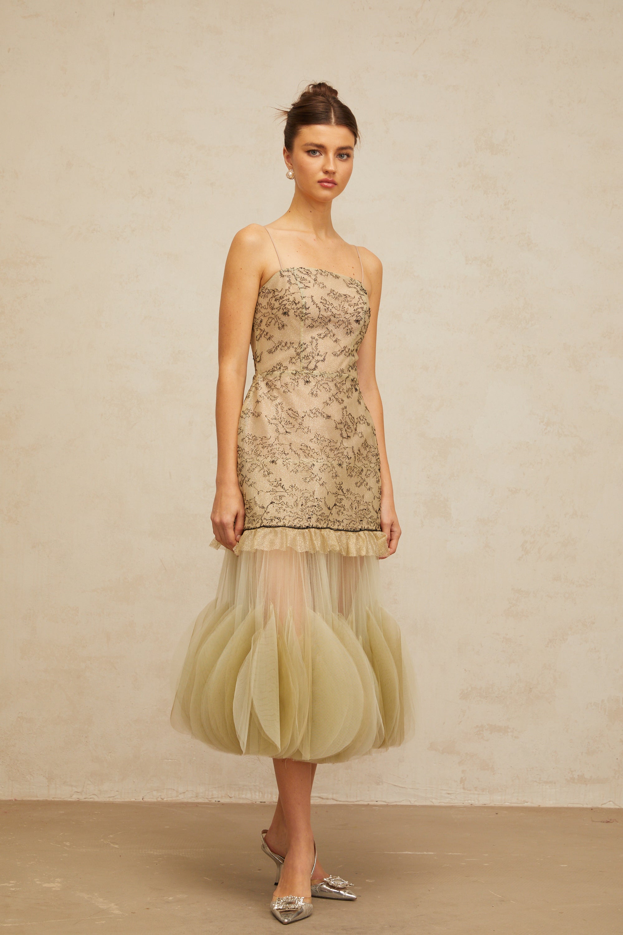 Mathilde green embroidered panelled midi dress