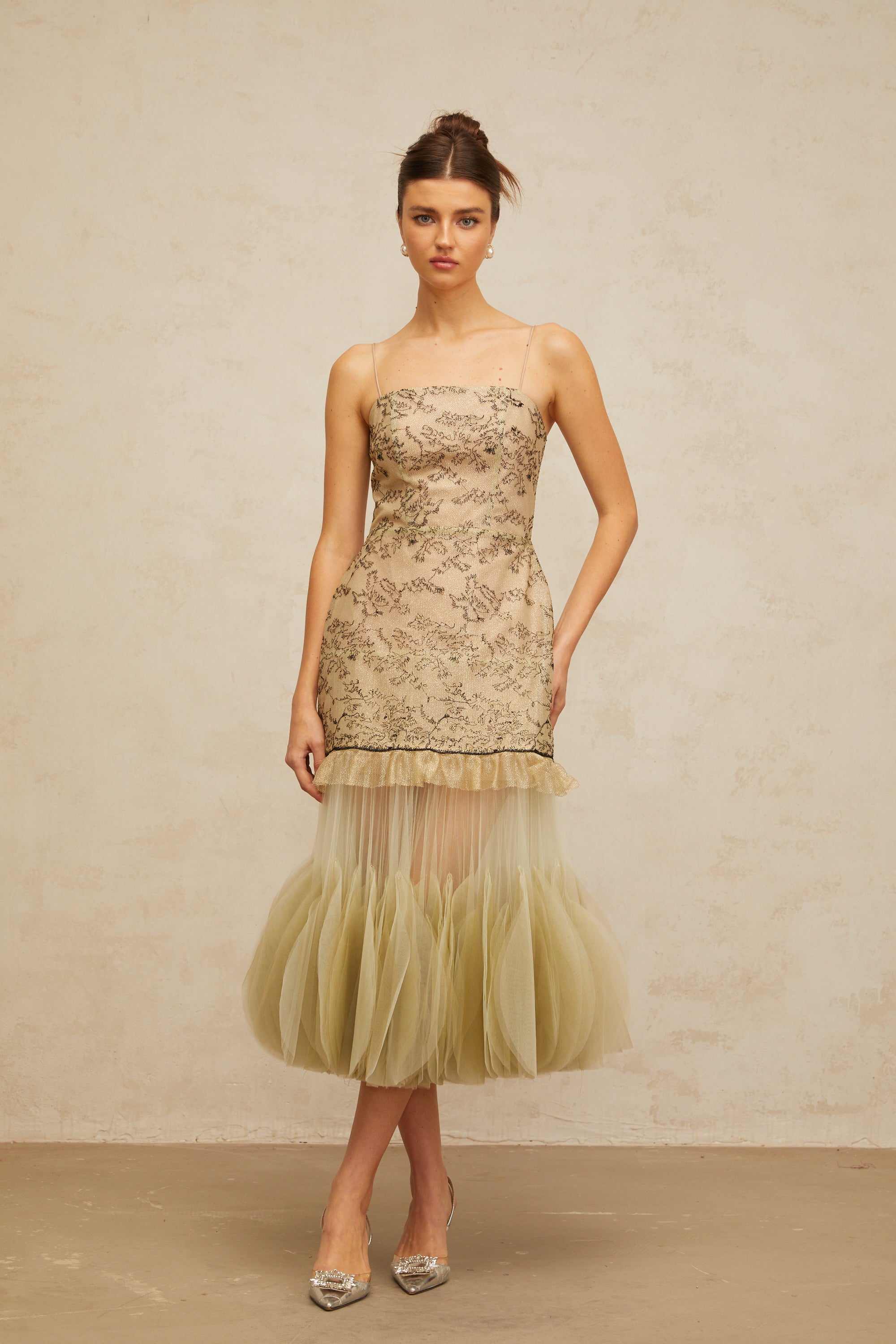 Mathilde green embroidered panelled midi dress