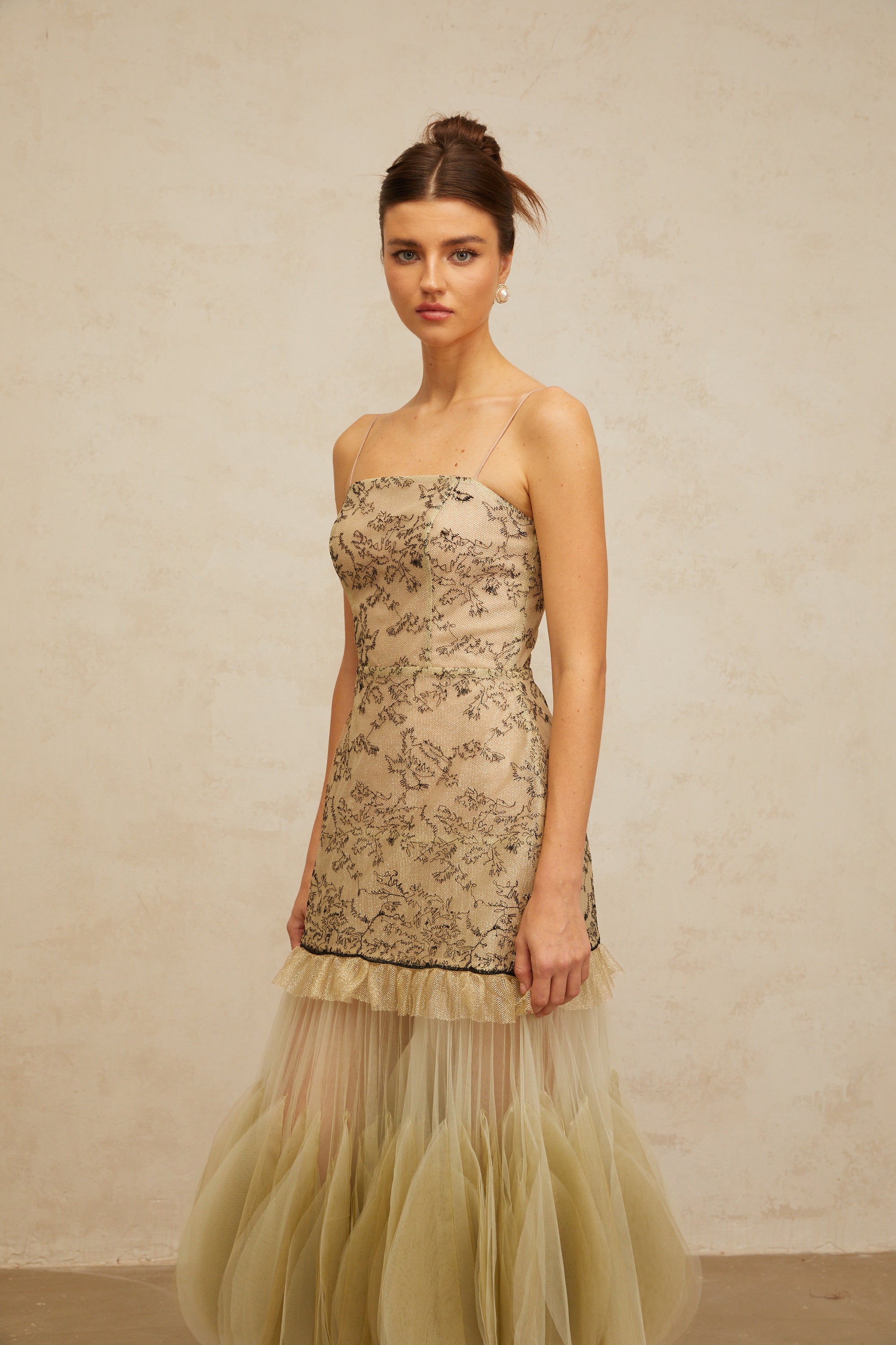 Mathilde green embroidered panelled midi dress